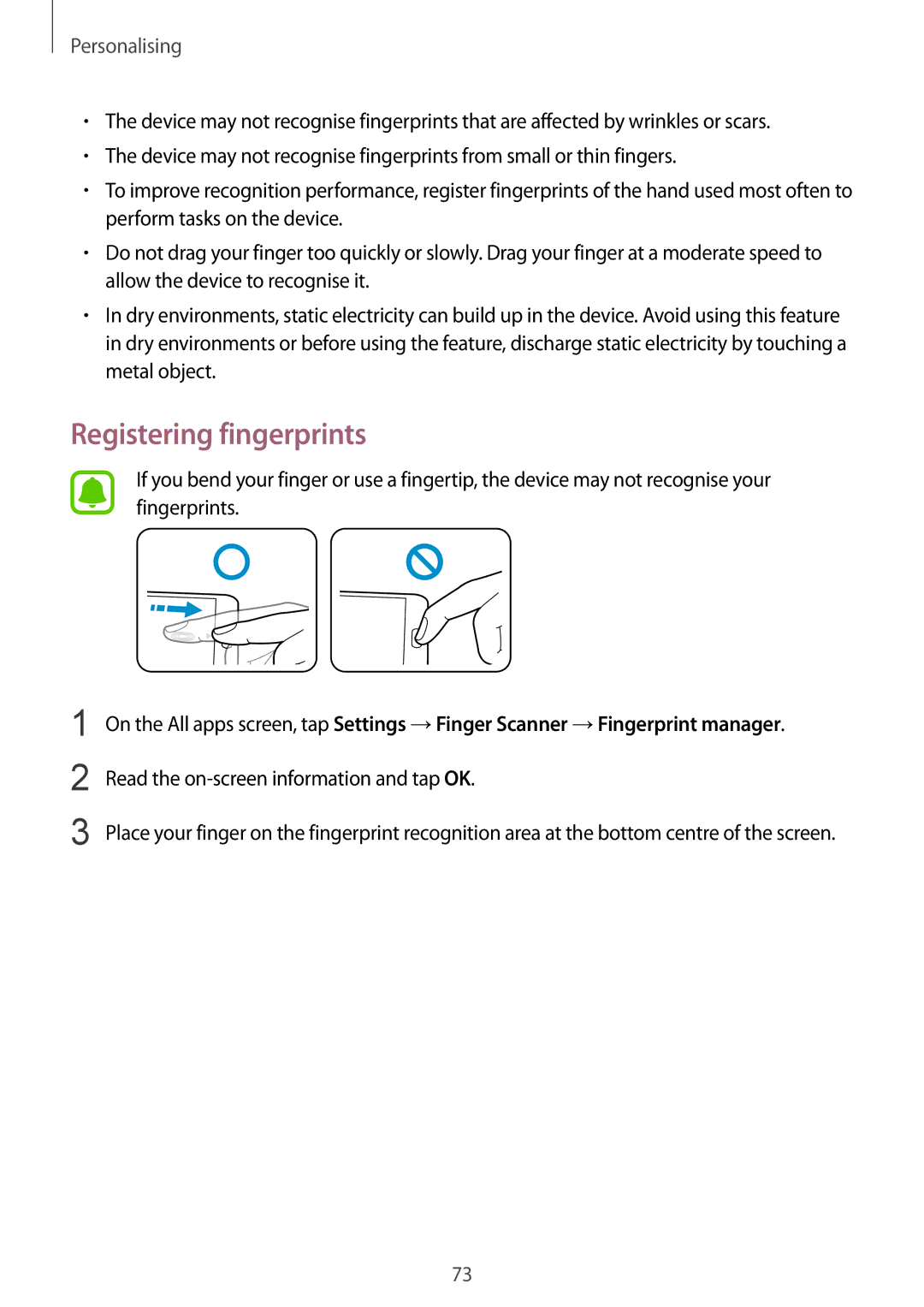 Samsung SM-N910CZDEXXV, SM-N910CZIEEGY, SM-N910CZWEXXV Registering fingerprints, Read the on-screen information and tap OK 