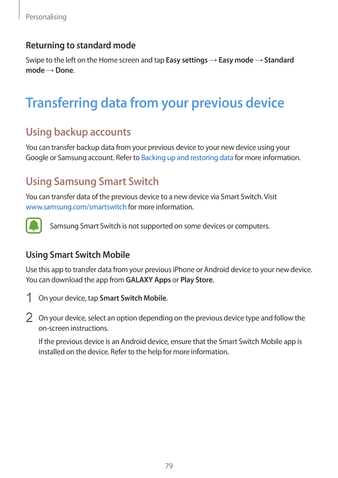 Samsung SM-N910CZIEILO Transferring data from your previous device, Using backup accounts, Using Samsung Smart Switch 