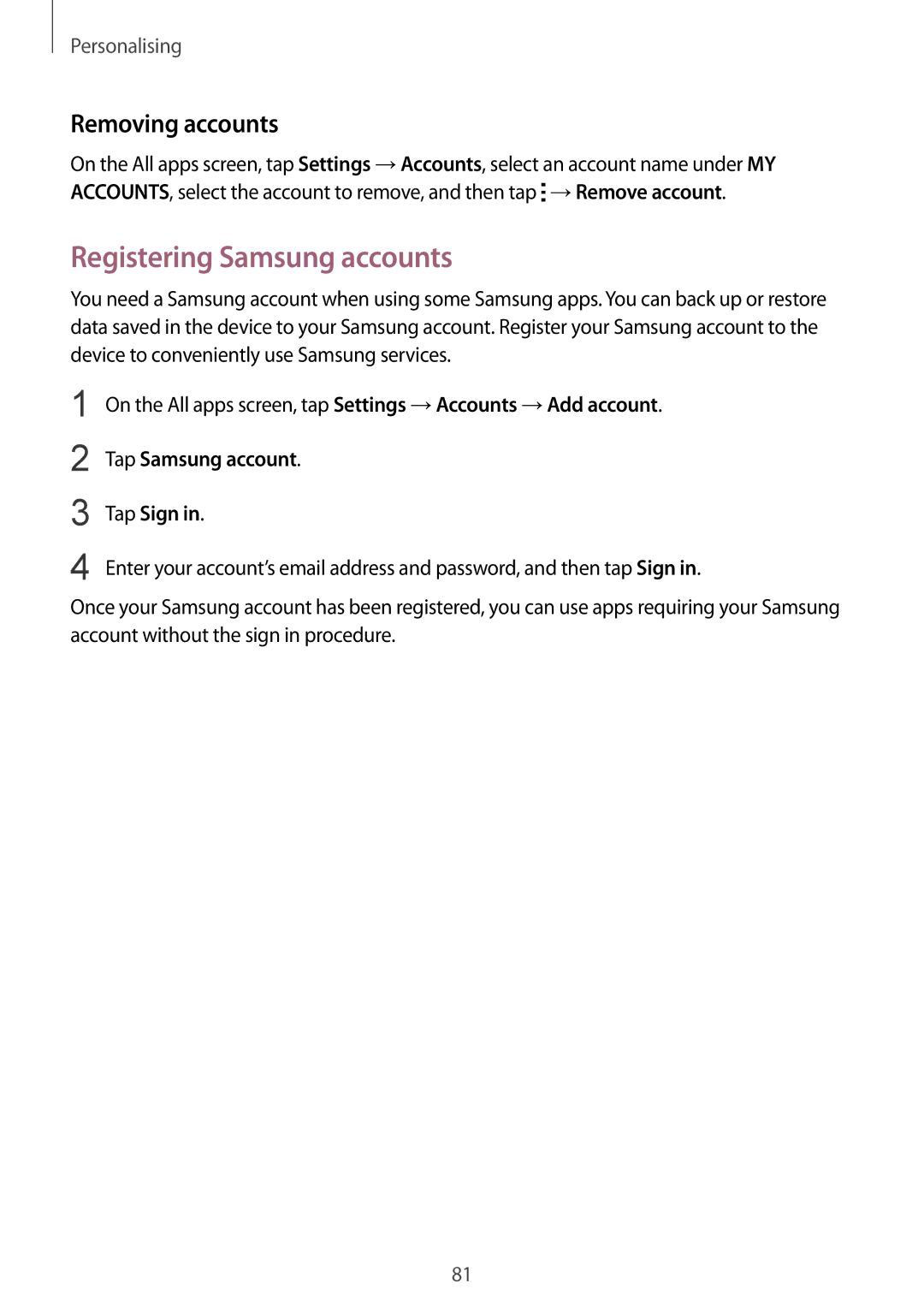 Samsung SM-N910CZDEILO, SM-N910CZIEEGY manual Registering Samsung accounts, Removing accounts, Tap Samsung account Tap Sign 