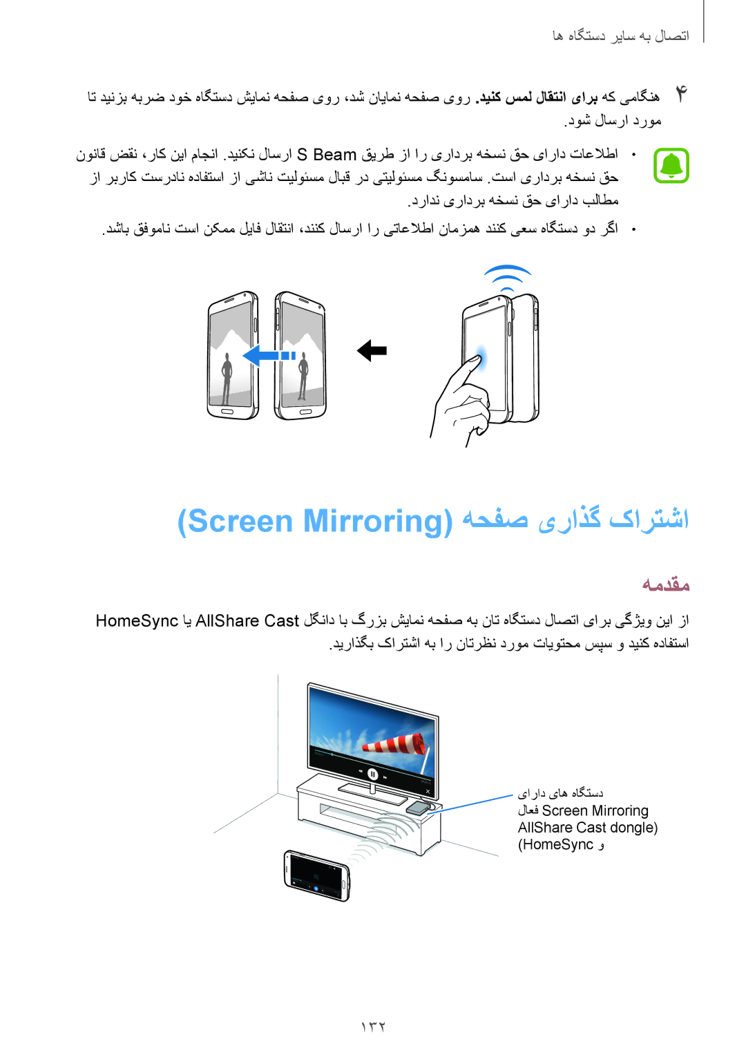 Samsung SM-N910CZIEEGY manual Screen Mirroring هحفص یراذگ کارتشا, 132, دوش لاسرا دروم, درادن یرادرب هخسن قح یاراد بلاطم 