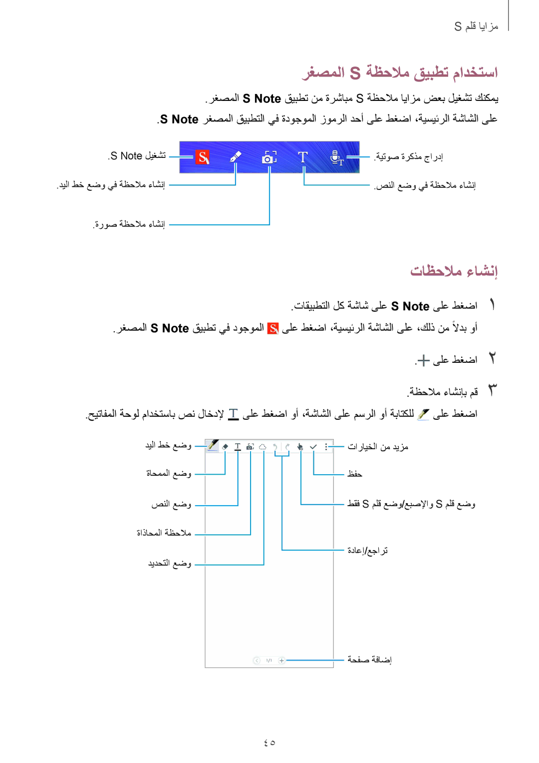 Samsung SM-N910CZIEEGY manual تاظحلام ءاشنإ, رغصملا S ةظحلام قيبطت مادختسا, ىلع طغضا2 ةظحلام ءاشنإب مق3 