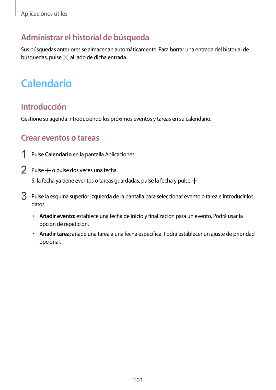 Samsung SM-N910FZIEPHE manual Calendario, Administrar el historial de búsqueda, Crear eventos o tareas 