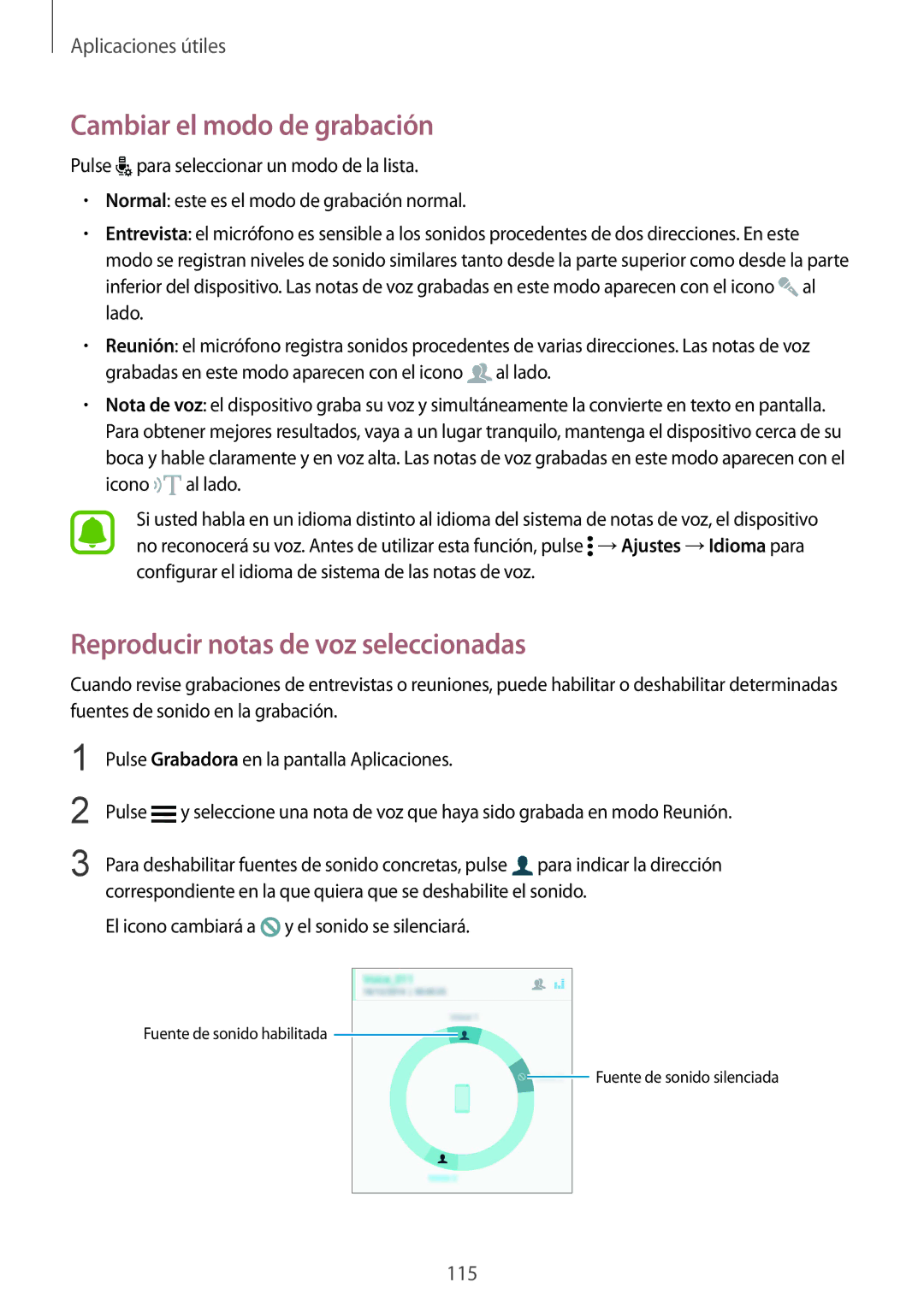 Samsung SM-N910FZIEPHE manual Cambiar el modo de grabación, Reproducir notas de voz seleccionadas 