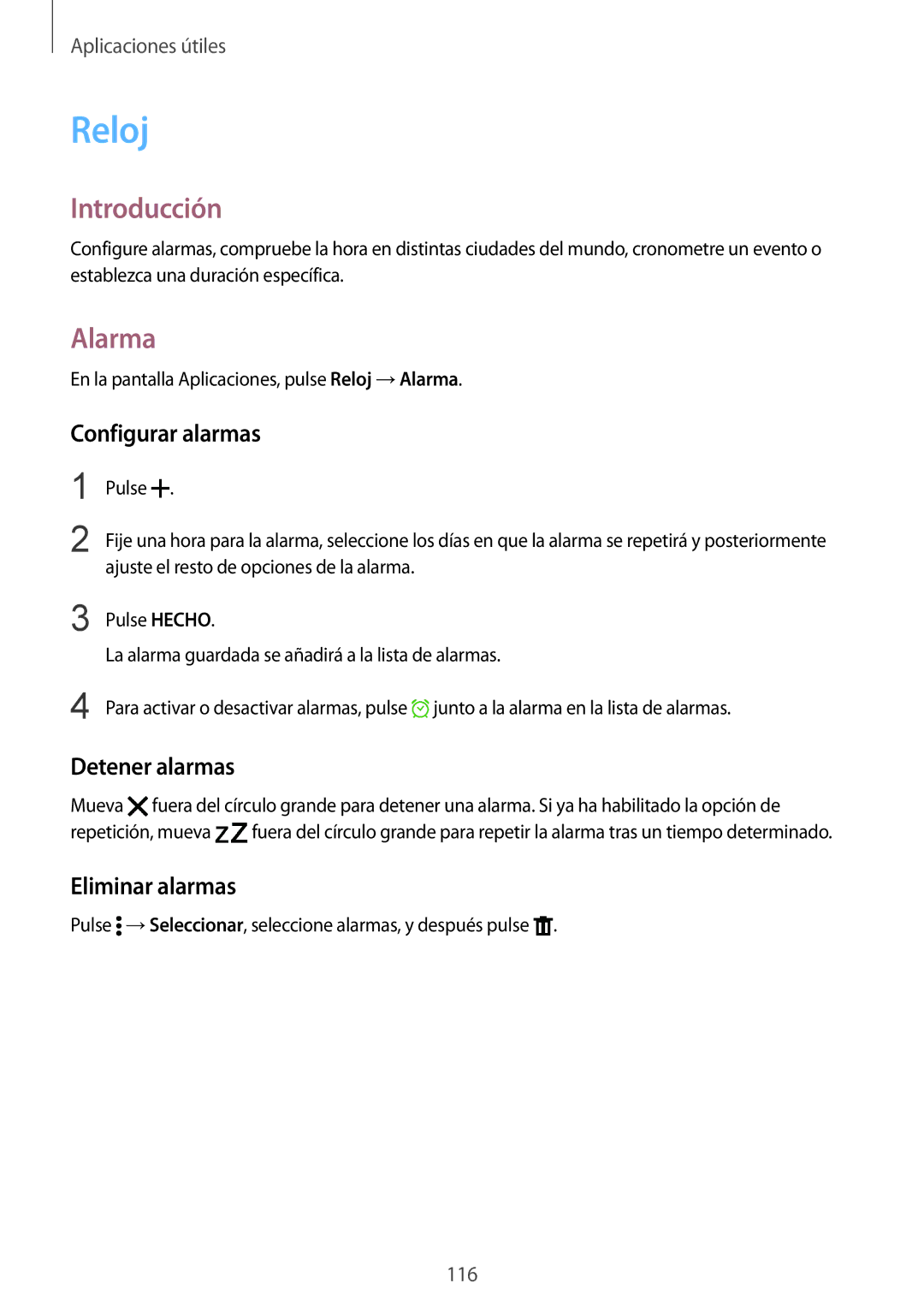 Samsung SM-N910FZIEPHE manual Reloj, Alarma, Configurar alarmas, Detener alarmas, Eliminar alarmas 