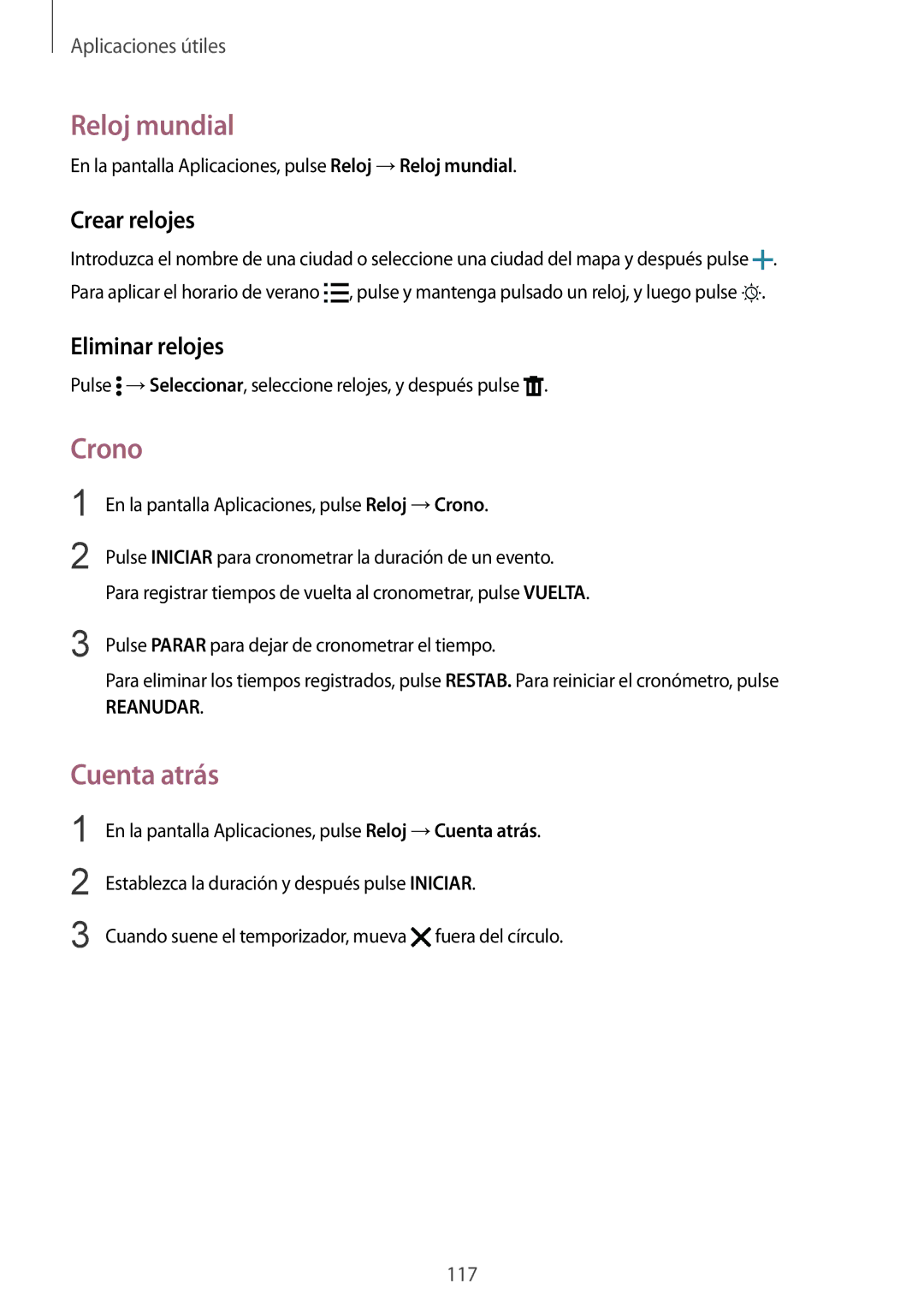 Samsung SM-N910FZIEPHE manual Reloj mundial, Crono, Cuenta atrás, Crear relojes, Eliminar relojes 