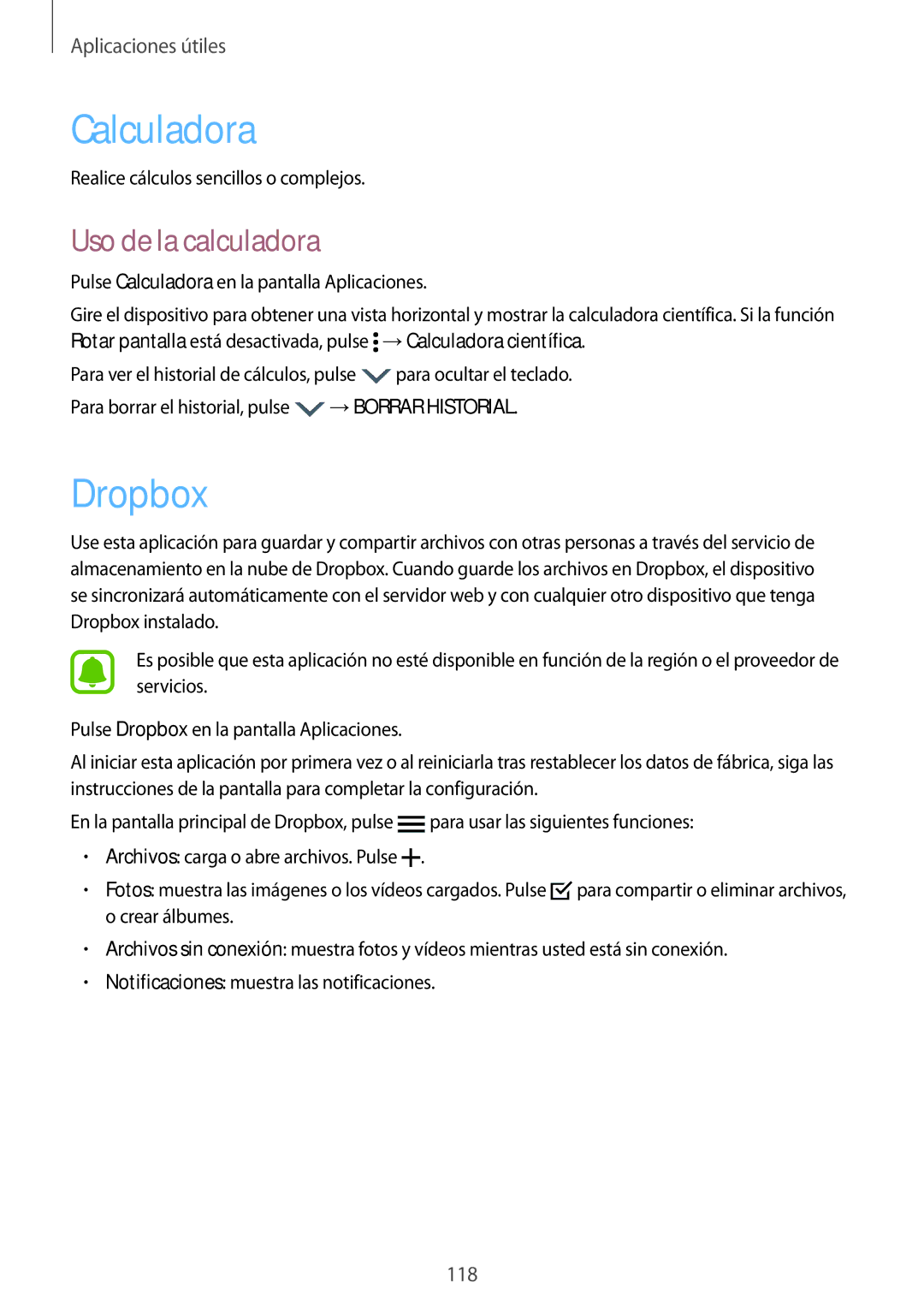 Samsung SM-N910FZIEPHE manual Calculadora, Dropbox, Uso de la calculadora 