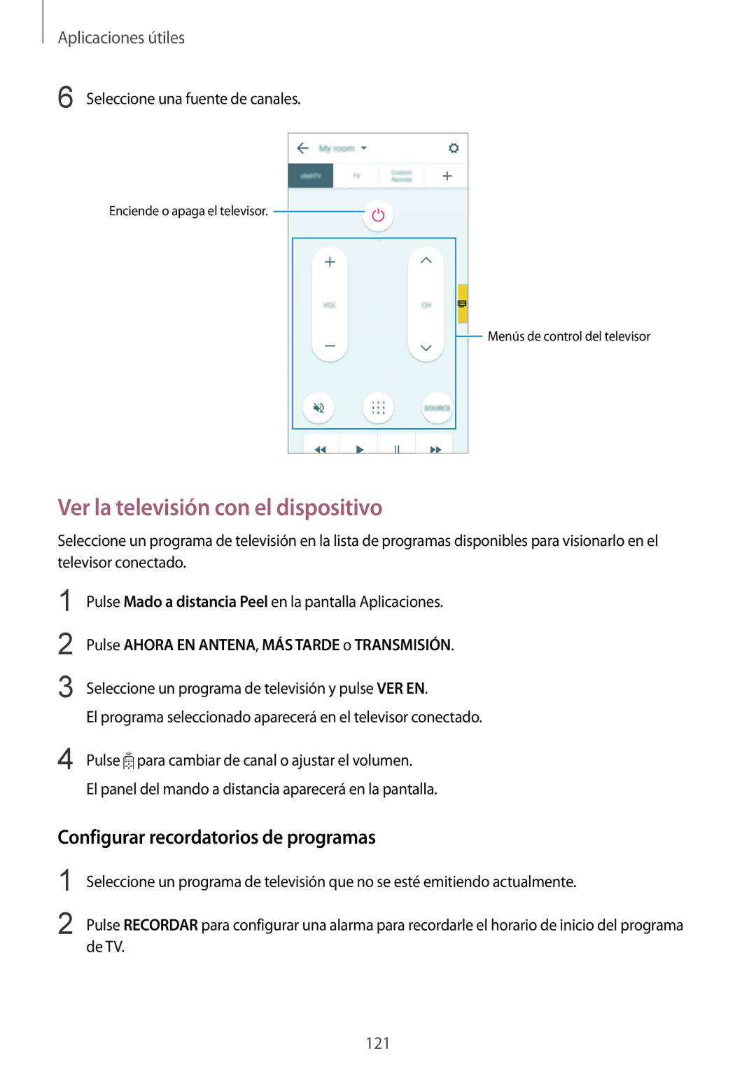 Samsung SM-N910FZIEPHE manual Ver la televisión con el dispositivo, Configurar recordatorios de programas 