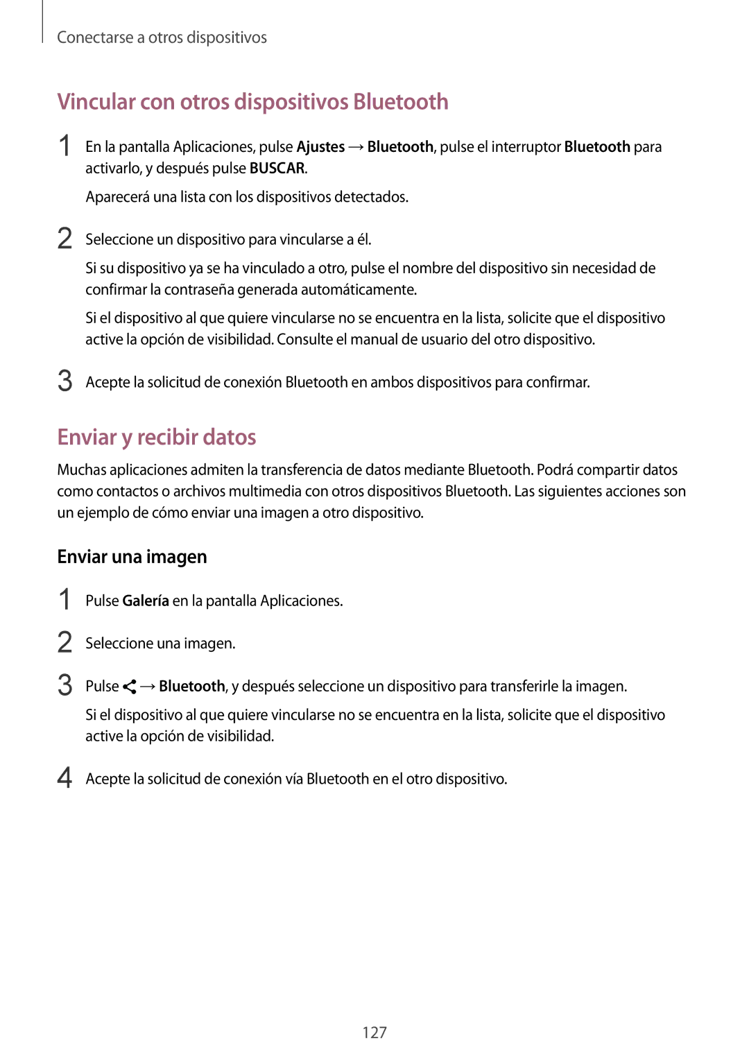 Samsung SM-N910FZIEPHE manual Vincular con otros dispositivos Bluetooth, Enviar y recibir datos, Enviar una imagen 