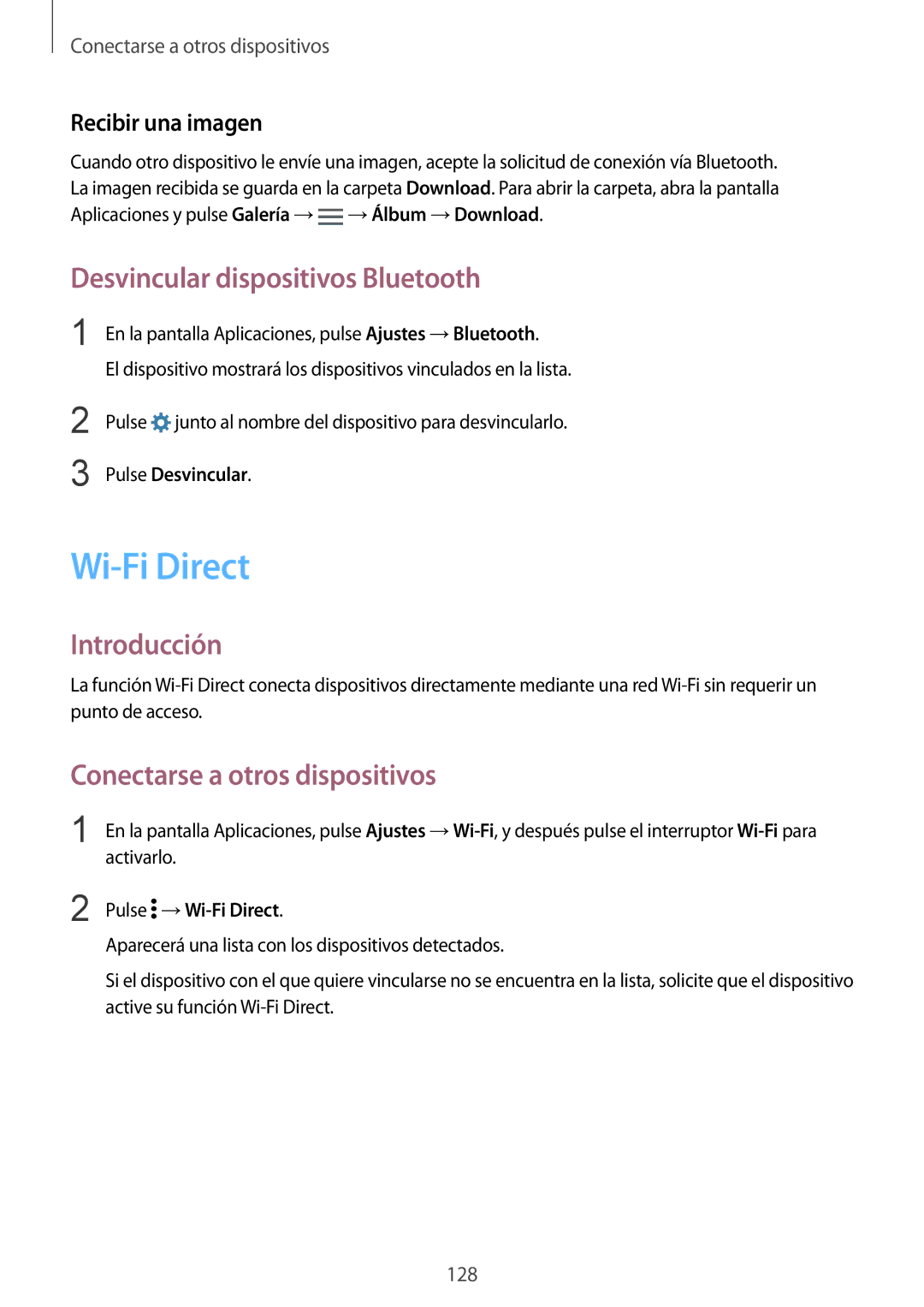 Samsung SM-N910FZIEPHE manual Wi-Fi Direct, Desvincular dispositivos Bluetooth, Recibir una imagen, Pulse Desvincular 