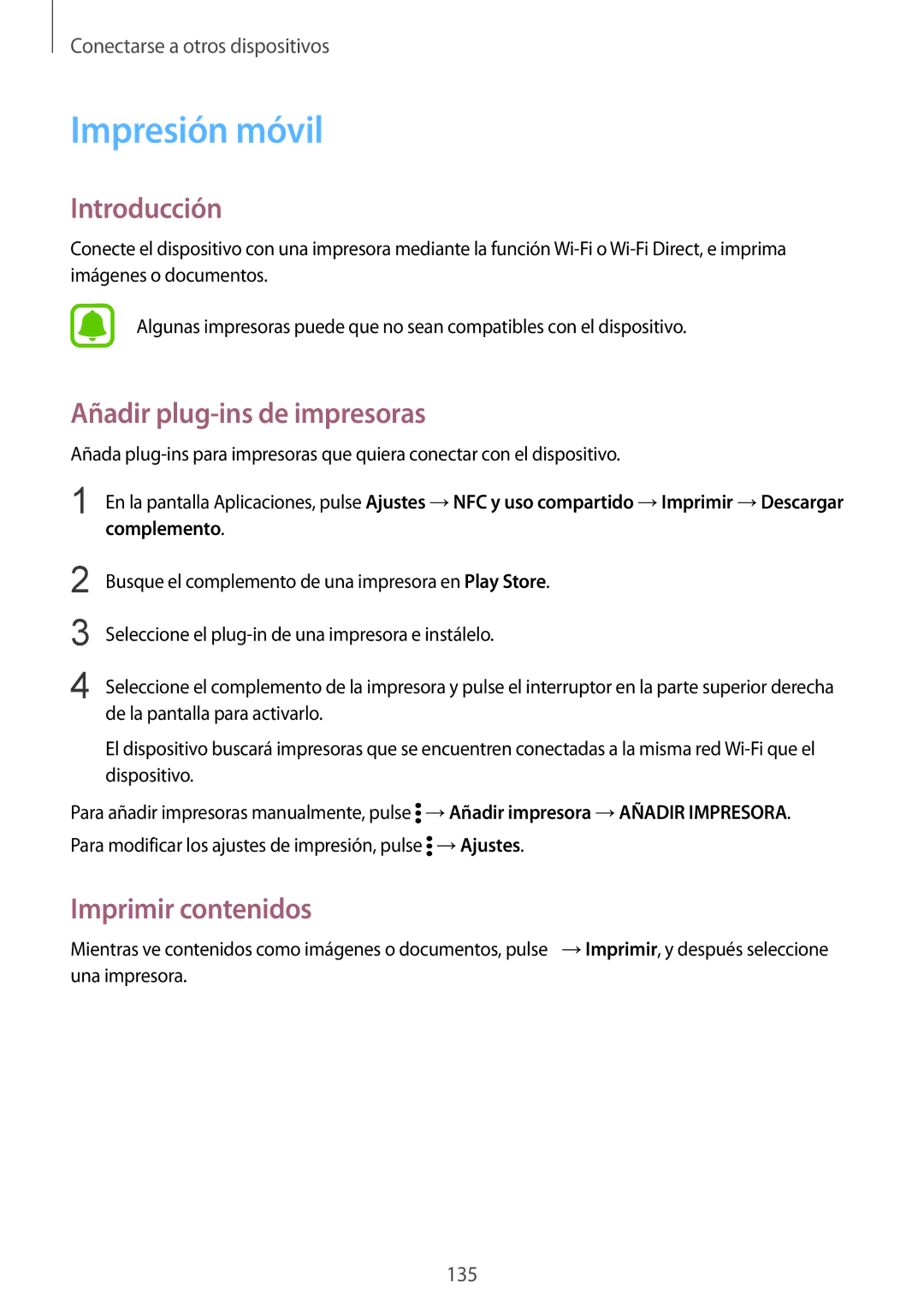 Samsung SM-N910FZIEPHE manual Impresión móvil, Añadir plug-ins de impresoras, Imprimir contenidos 