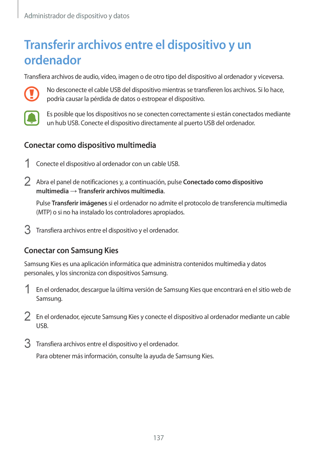 Samsung SM-N910FZIEPHE manual Transferir archivos entre el dispositivo y un ordenador, Conectar como dispositivo multimedia 