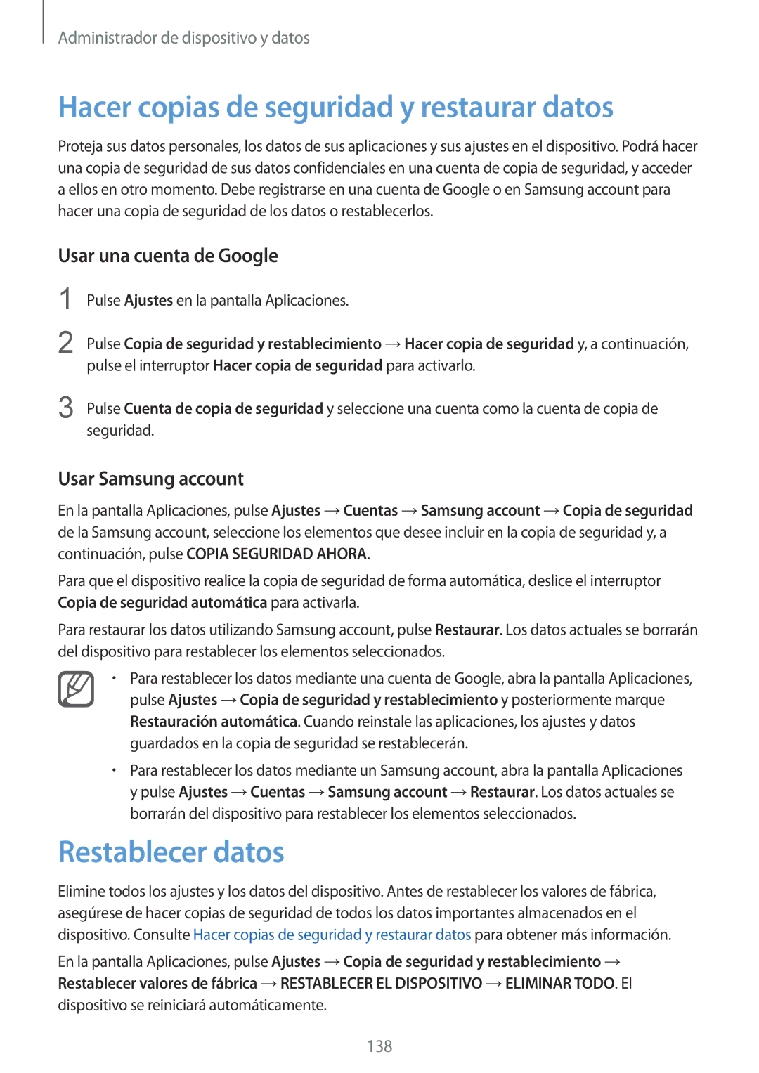 Samsung SM-N910FZIEPHE manual Hacer copias de seguridad y restaurar datos, Restablecer datos, Usar una cuenta de Google 