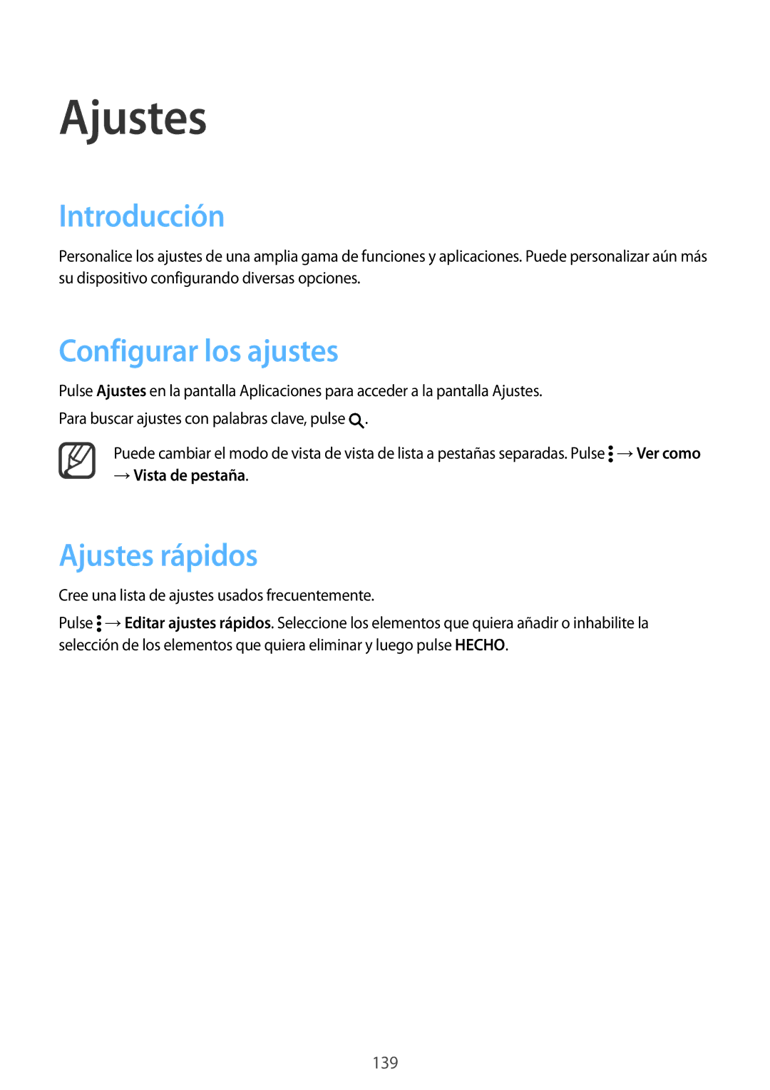 Samsung SM-N910FZIEPHE manual Introducción, Configurar los ajustes, Ajustes rápidos, → Vista de pestaña 