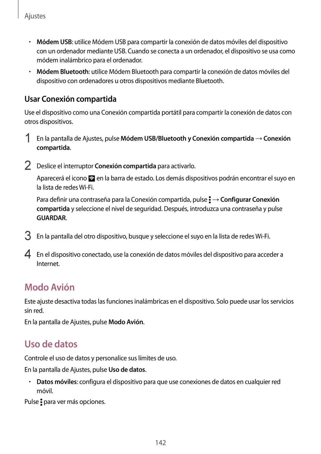 Samsung SM-N910FZIEPHE manual Modo Avión, Uso de datos, Usar Conexión compartida 