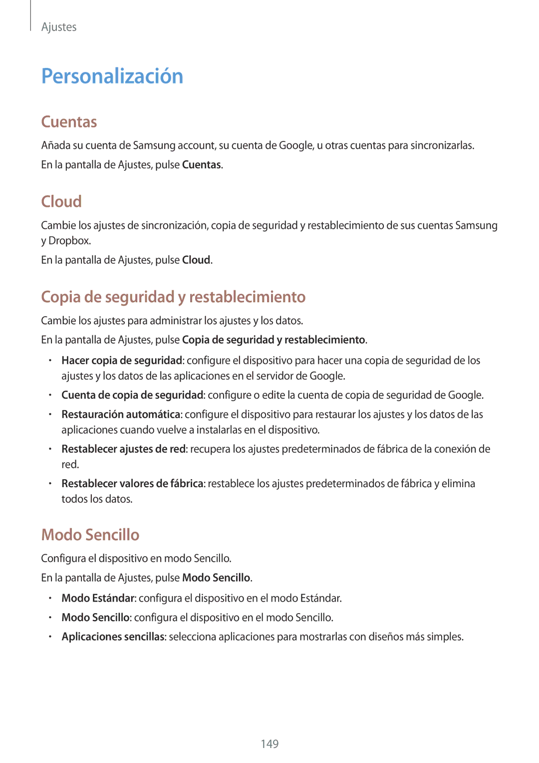 Samsung SM-N910FZIEPHE manual Personalización, Cuentas, Cloud, Copia de seguridad y restablecimiento, Modo Sencillo 