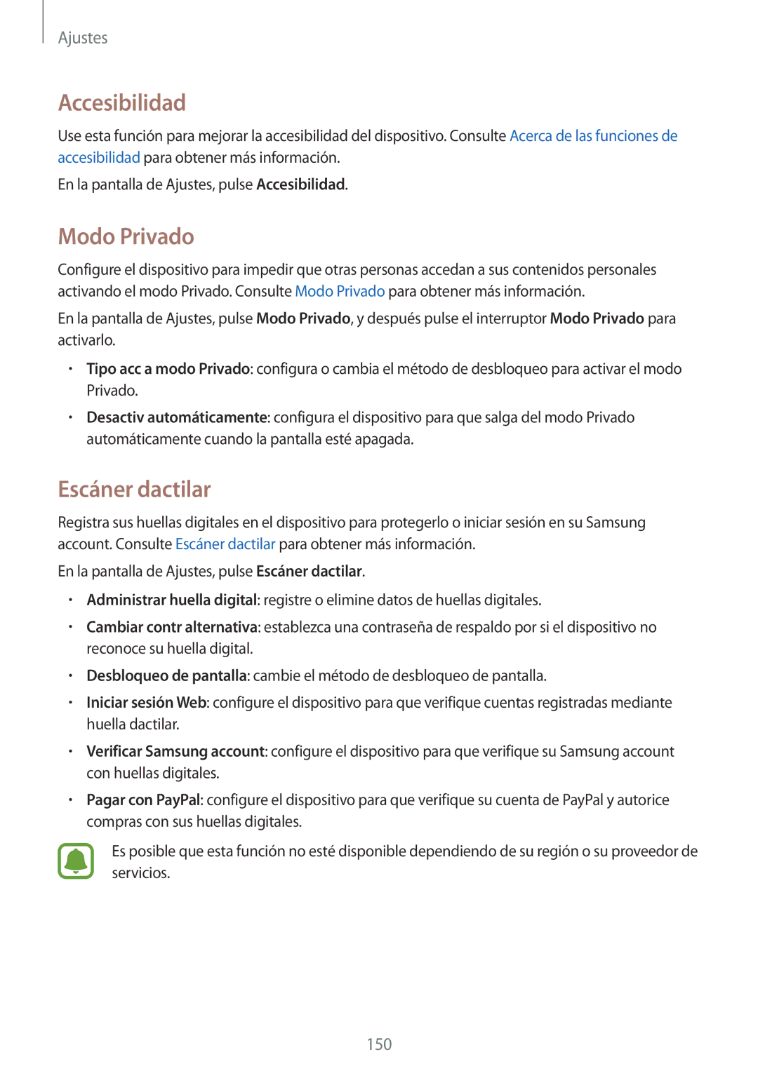 Samsung SM-N910FZIEPHE manual Accesibilidad, Modo Privado, Escáner dactilar 