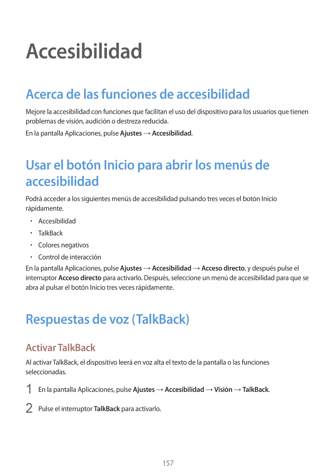 Samsung SM-N910FZIEPHE manual Accesibilidad, Acerca de las funciones de accesibilidad, Respuestas de voz TalkBack 