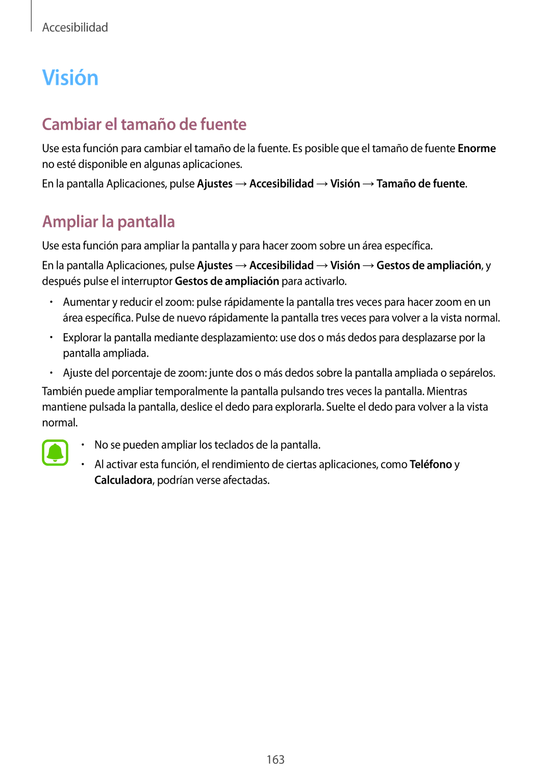 Samsung SM-N910FZIEPHE manual Visión, Cambiar el tamaño de fuente, Ampliar la pantalla 