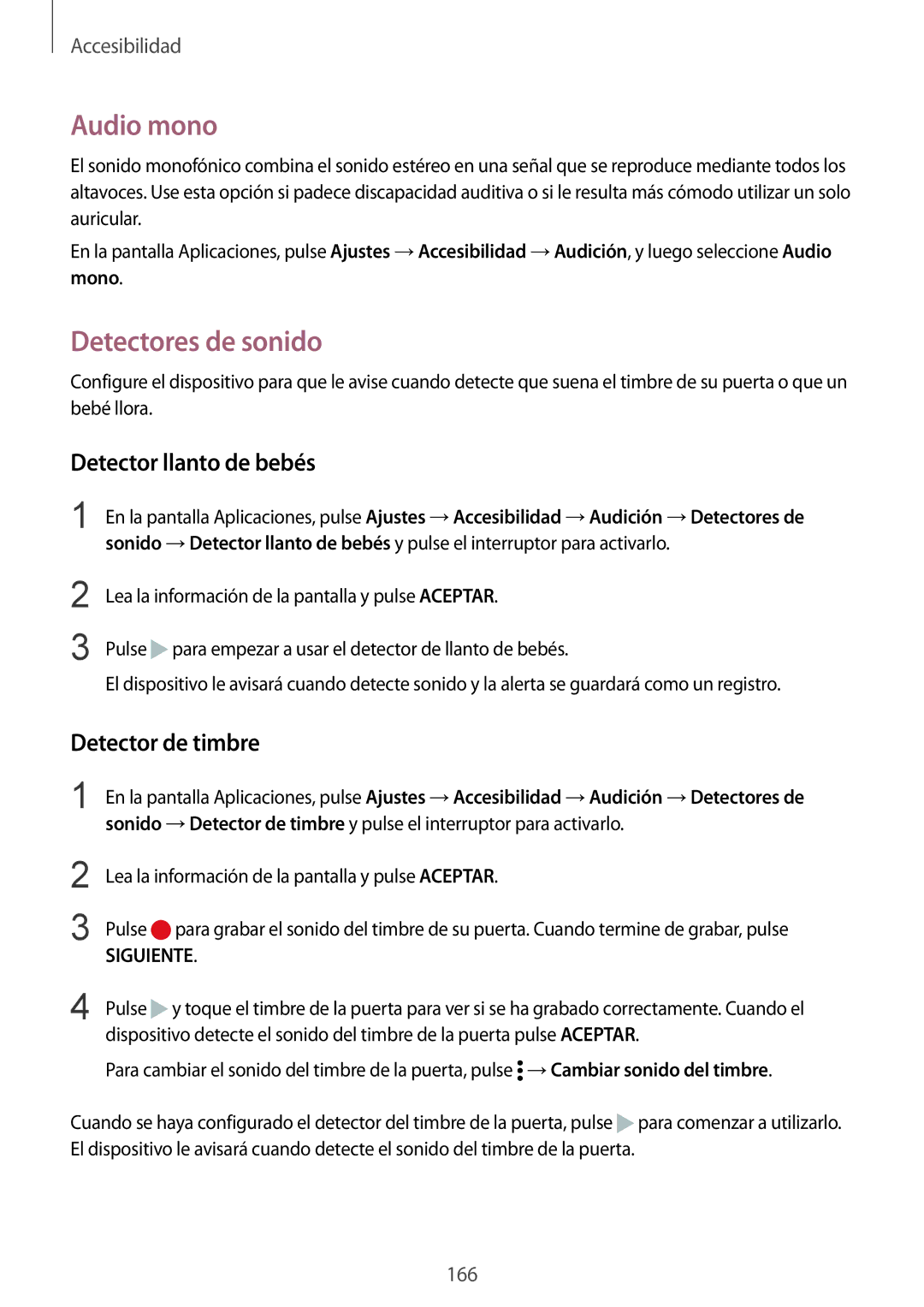 Samsung SM-N910FZIEPHE manual Audio mono, Detectores de sonido, Detector llanto de bebés, Detector de timbre 