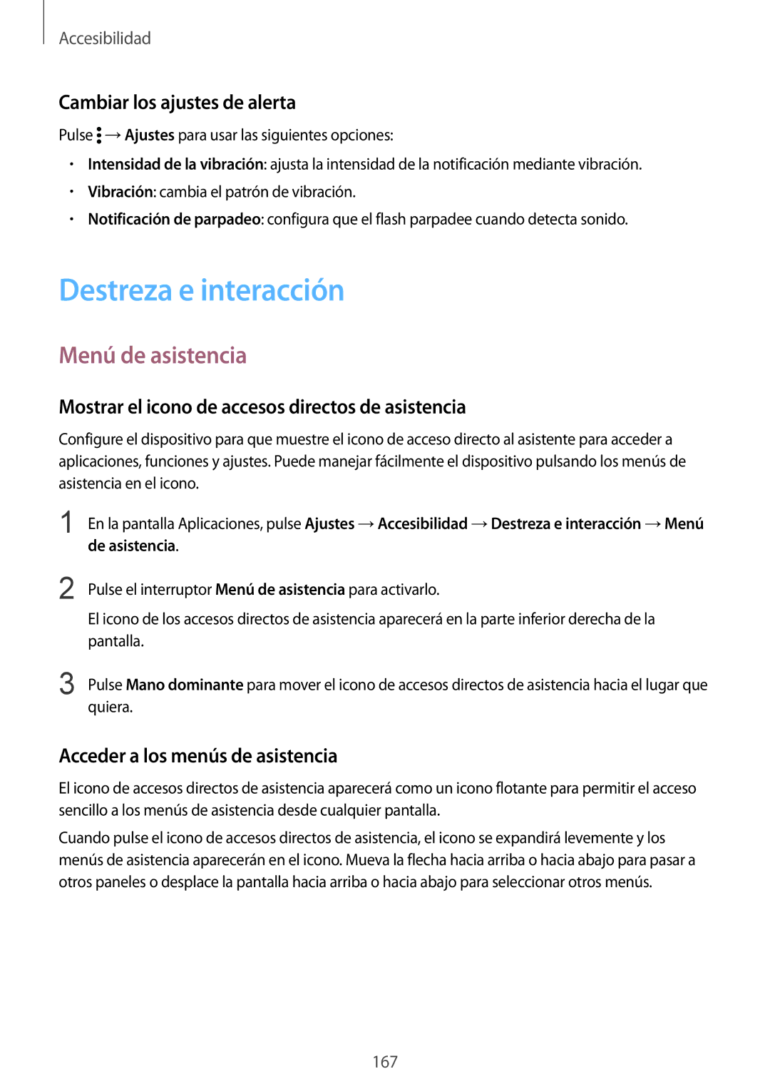 Samsung SM-N910FZIEPHE manual Destreza e interacción, Menú de asistencia, Cambiar los ajustes de alerta 