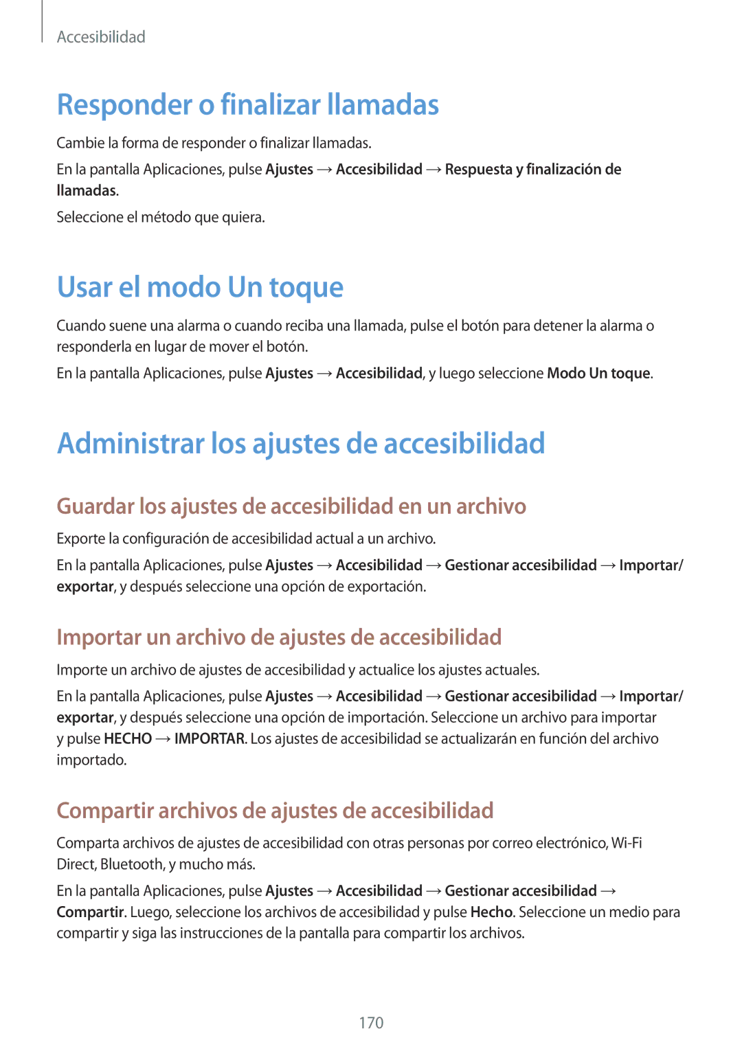 Samsung SM-N910FZIEPHE Responder o finalizar llamadas, Usar el modo Un toque, Administrar los ajustes de accesibilidad 