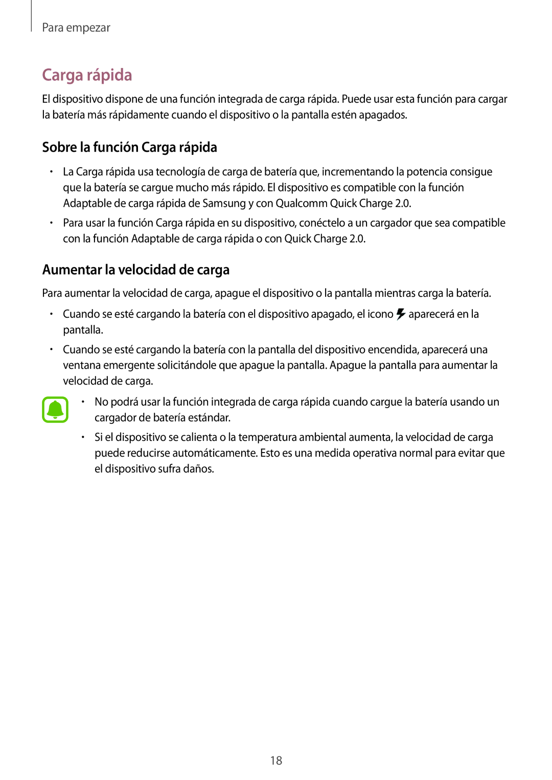 Samsung SM-N910FZIEPHE manual Sobre la función Carga rápida, Aumentar la velocidad de carga 