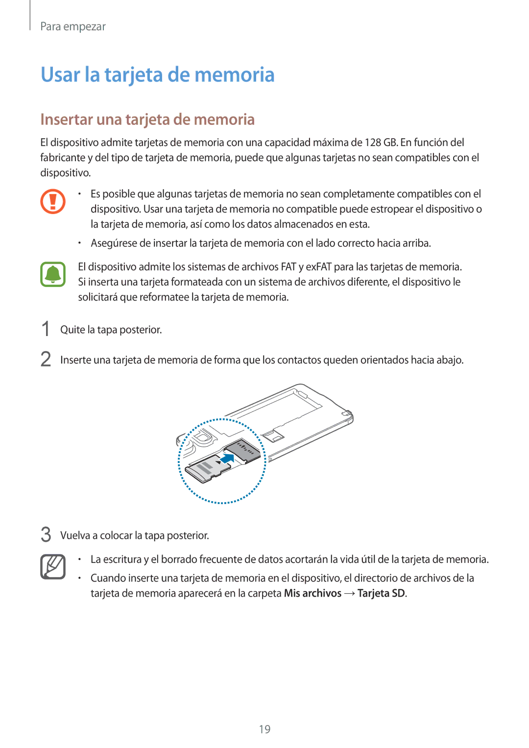 Samsung SM-N910FZIEPHE manual Usar la tarjeta de memoria, Insertar una tarjeta de memoria 