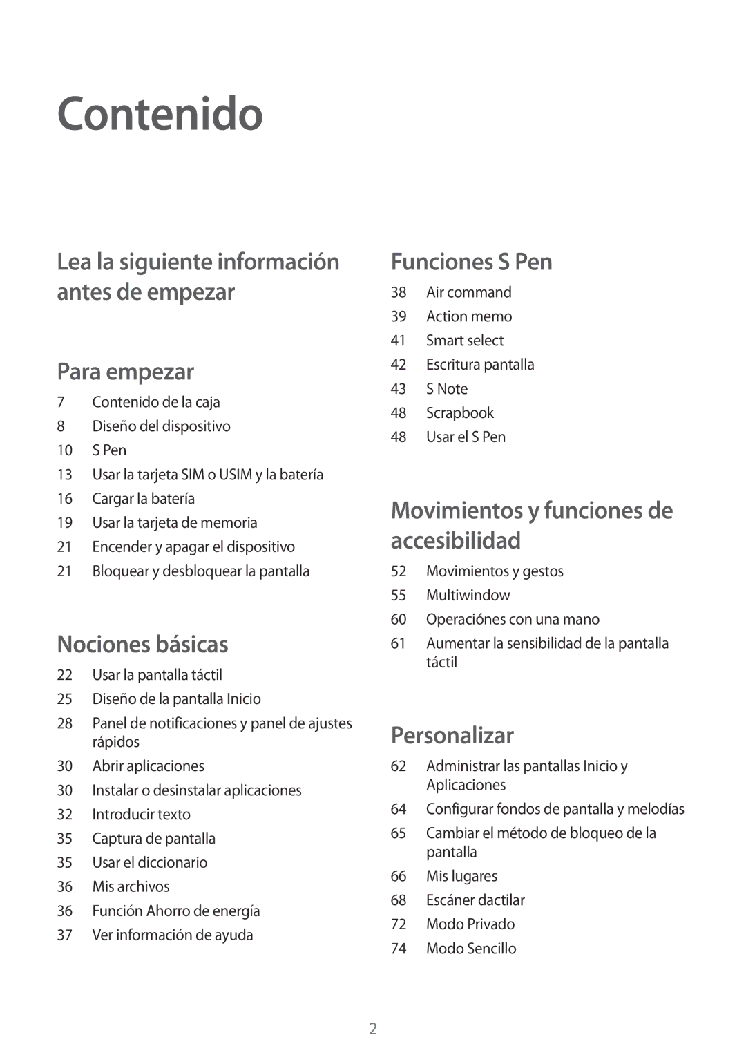 Samsung SM-N910FZIEPHE manual Contenido, Para empezar 