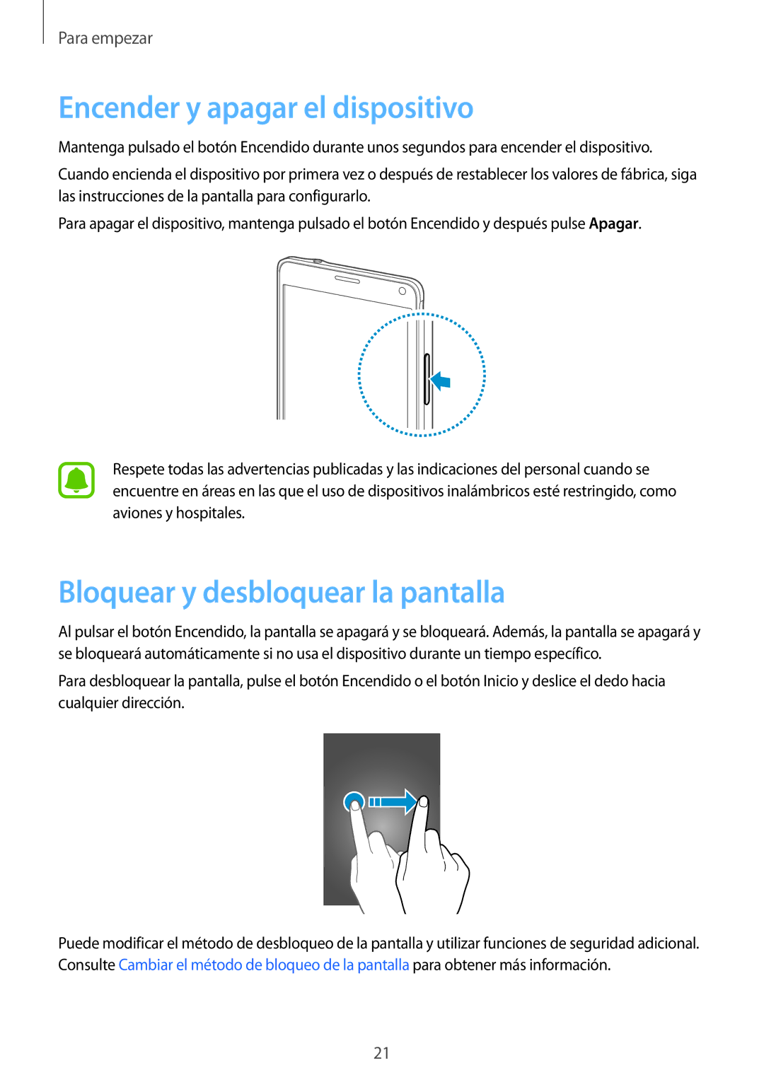 Samsung SM-N910FZIEPHE manual Encender y apagar el dispositivo, Bloquear y desbloquear la pantalla 