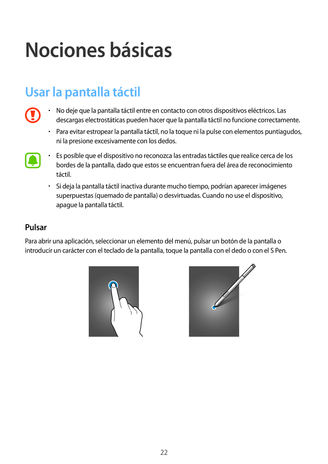 Samsung SM-N910FZIEPHE manual Nociones básicas, Usar la pantalla táctil, Pulsar 