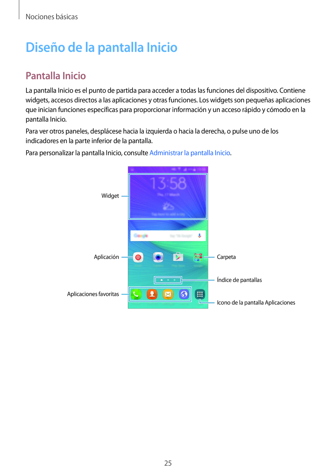 Samsung SM-N910FZIEPHE manual Diseño de la pantalla Inicio, Pantalla Inicio 