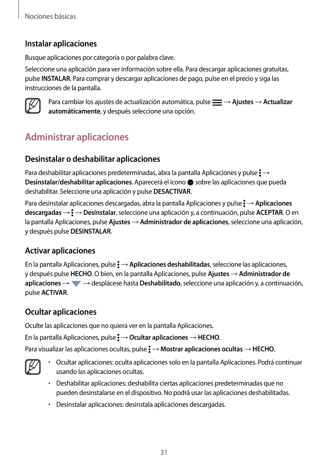 Samsung SM-N910FZIEPHE manual Administrar aplicaciones, Desinstalar o deshabilitar aplicaciones, Activar aplicaciones 