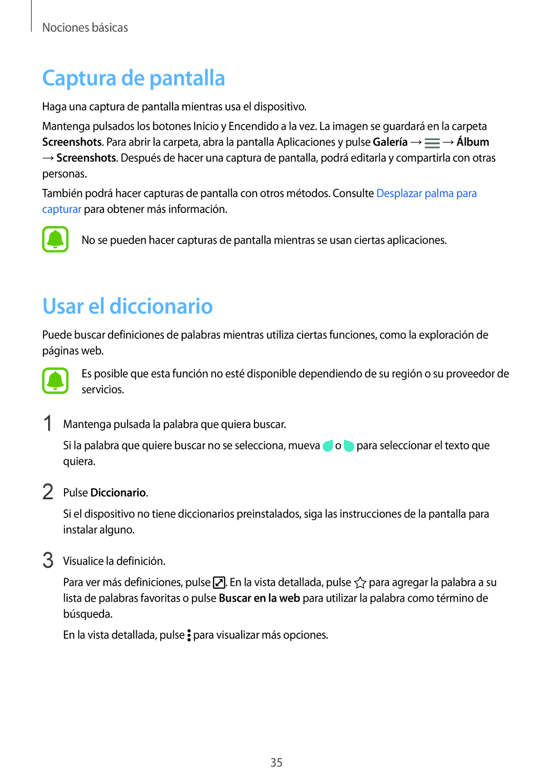 Samsung SM-N910FZIEPHE manual Captura de pantalla, Usar el diccionario, Pulse Diccionario 