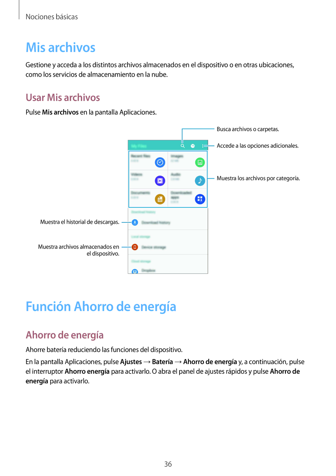 Samsung SM-N910FZIEPHE manual Función Ahorro de energía, Usar Mis archivos 