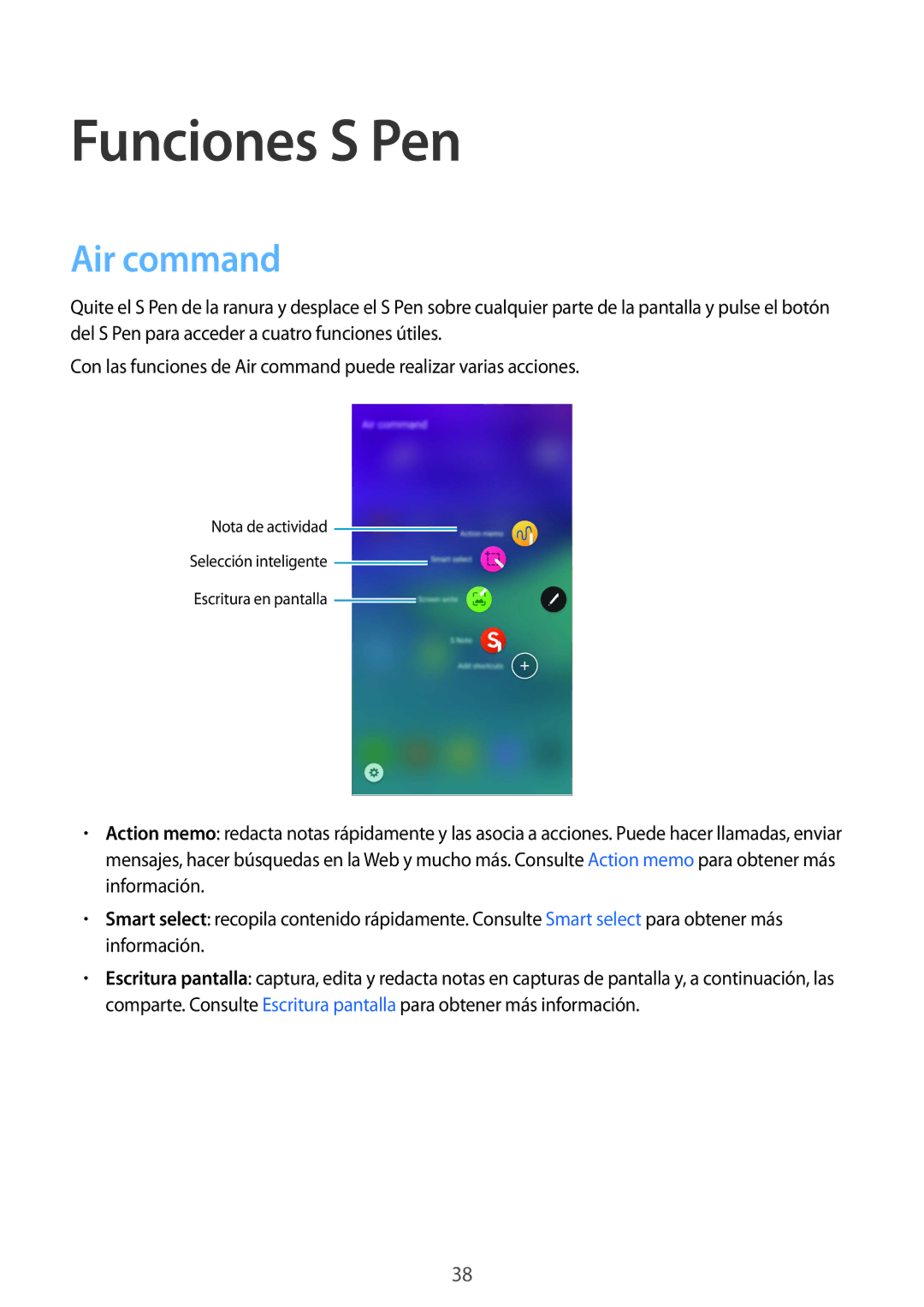 Samsung SM-N910FZIEPHE manual Funciones S Pen, Air command 