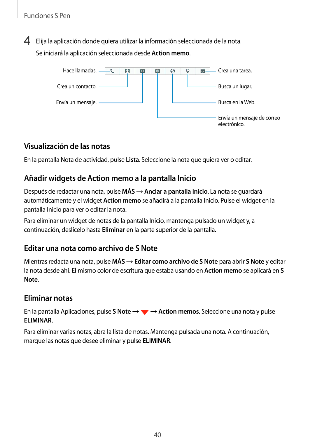 Samsung SM-N910FZIEPHE Visualización de las notas, Añadir widgets de Action memo a la pantalla Inicio, Eliminar notas 