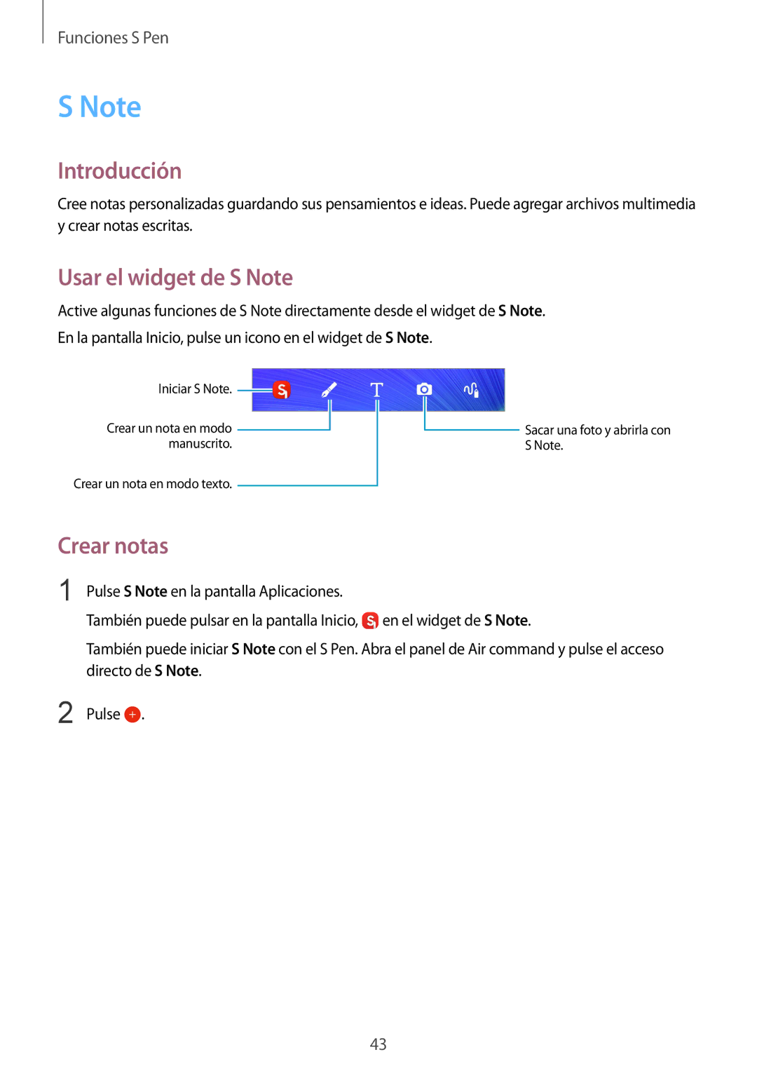 Samsung SM-N910FZIEPHE manual Introducción, Usar el widget de S Note, Crear notas 