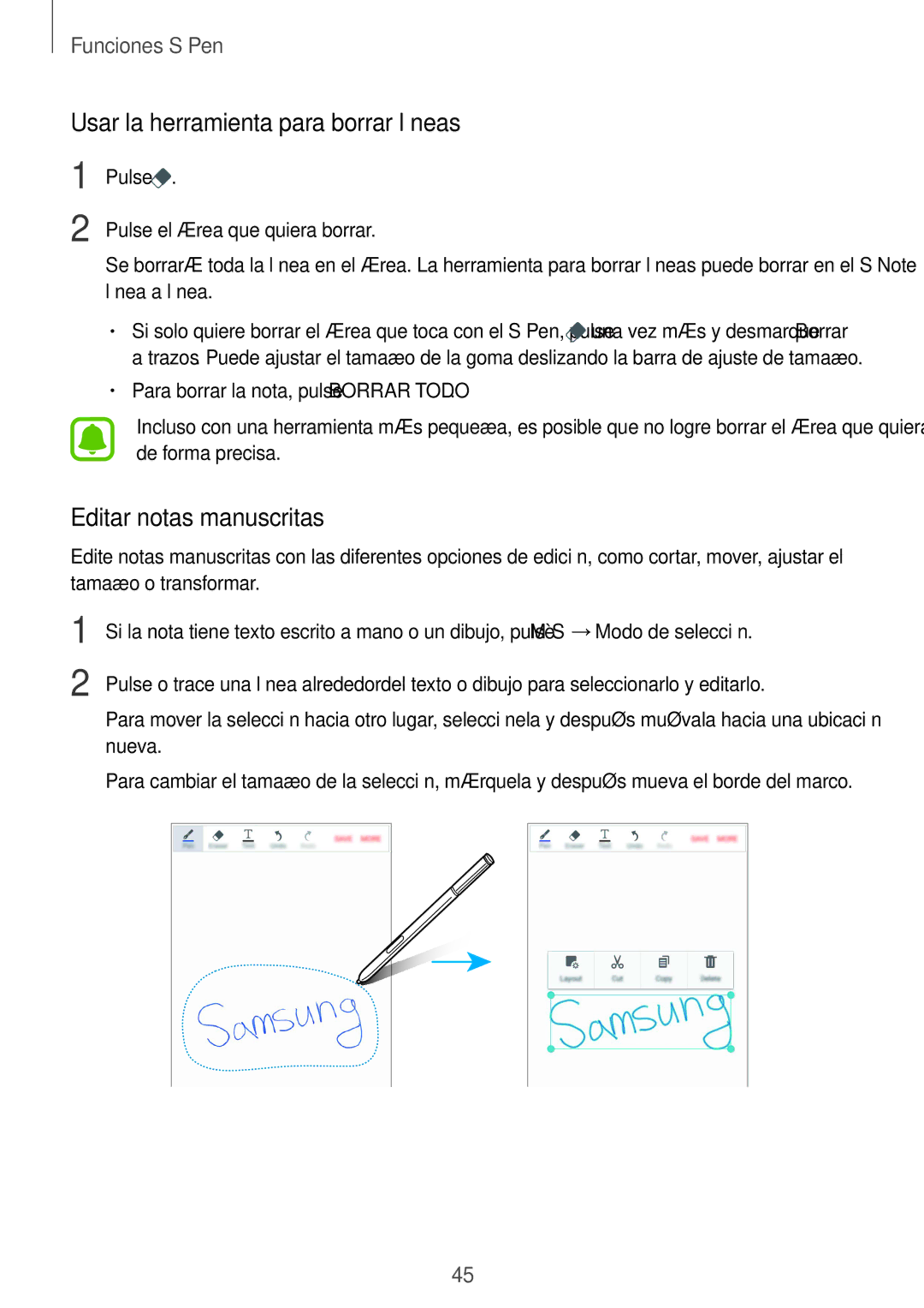 Samsung SM-N910FZIEPHE manual Usar la herramienta para borrar líneas, Editar notas manuscritas 