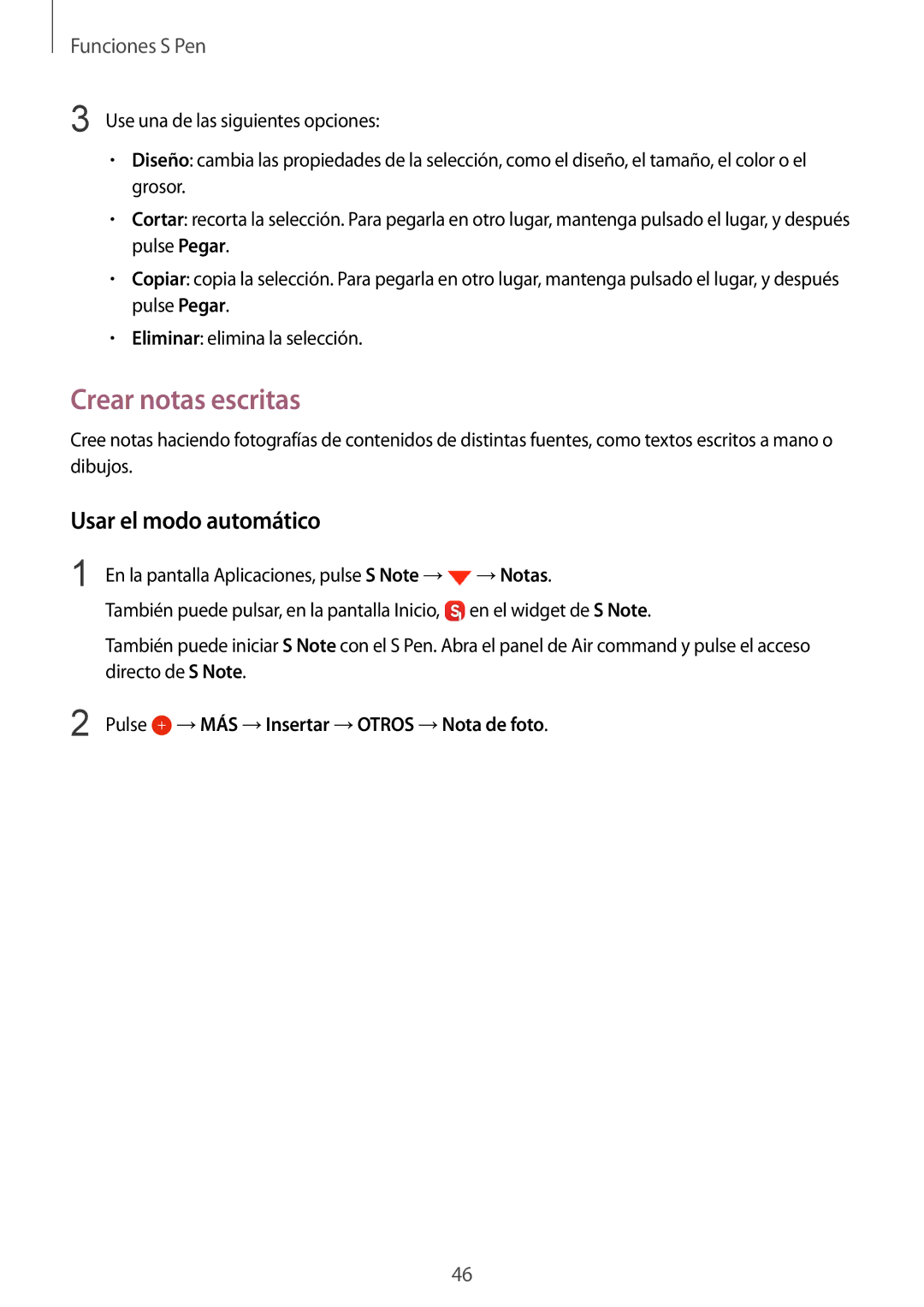 Samsung SM-N910FZIEPHE manual Crear notas escritas, Usar el modo automático, Pulse →MÁS →Insertar →OTROS →Nota de foto 