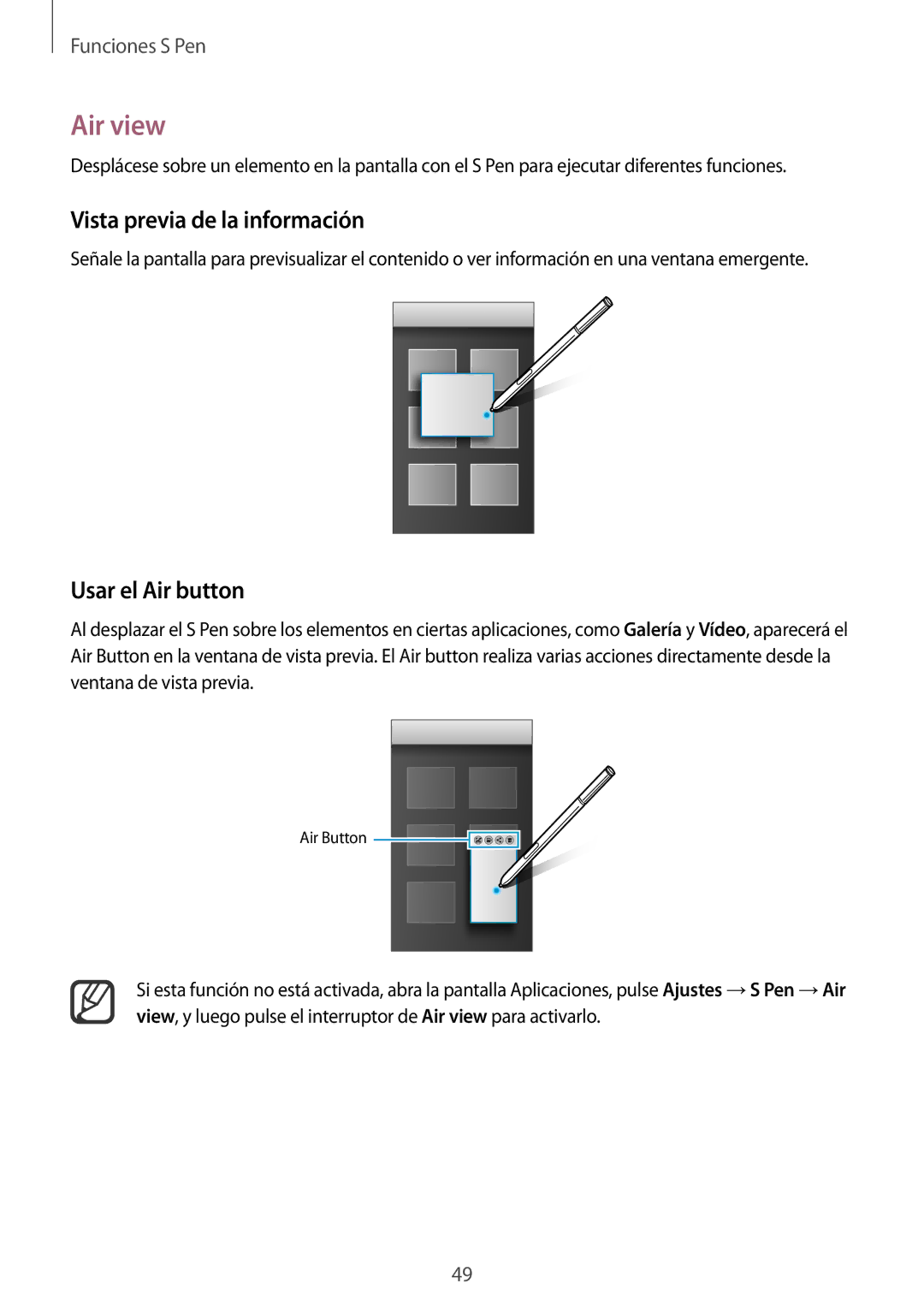 Samsung SM-N910FZIEPHE manual Air view, Vista previa de la información, Usar el Air button 