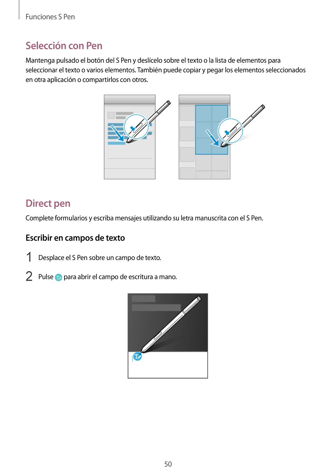 Samsung SM-N910FZIEPHE manual Selección con Pen, Direct pen, Escribir en campos de texto 