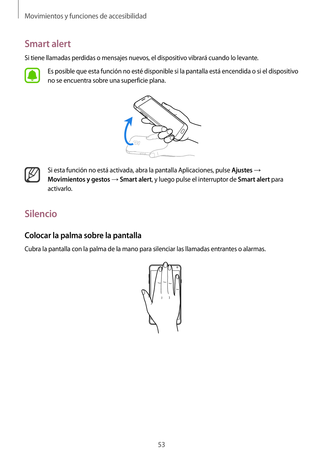 Samsung SM-N910FZIEPHE manual Smart alert, Silencio, Colocar la palma sobre la pantalla 