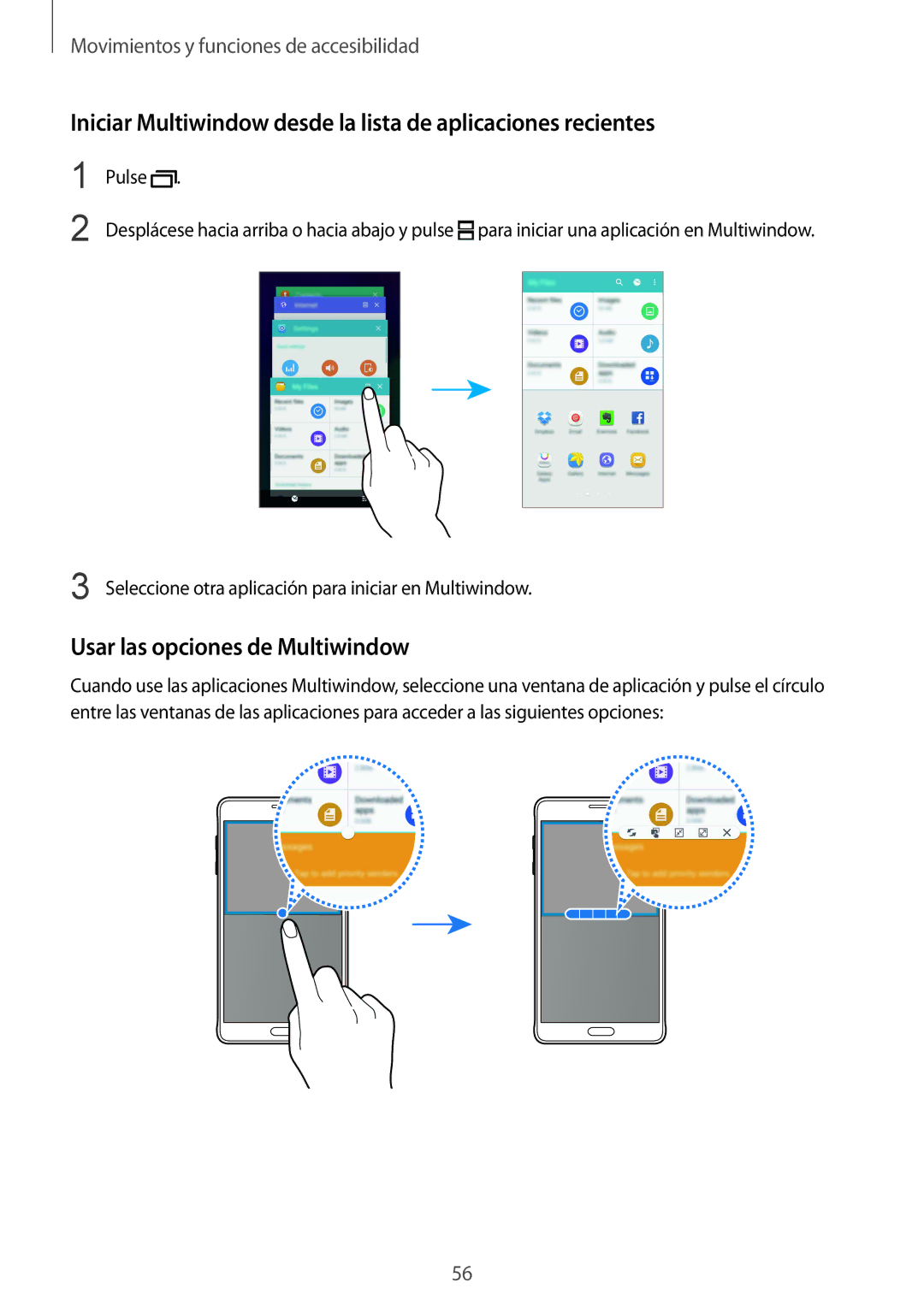 Samsung SM-N910FZIEPHE Iniciar Multiwindow desde la lista de aplicaciones recientes, Usar las opciones de Multiwindow 