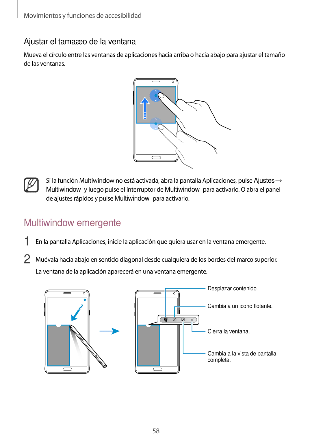 Samsung SM-N910FZIEPHE manual Multiwindow emergente, Ajustar el tamaño de la ventana 