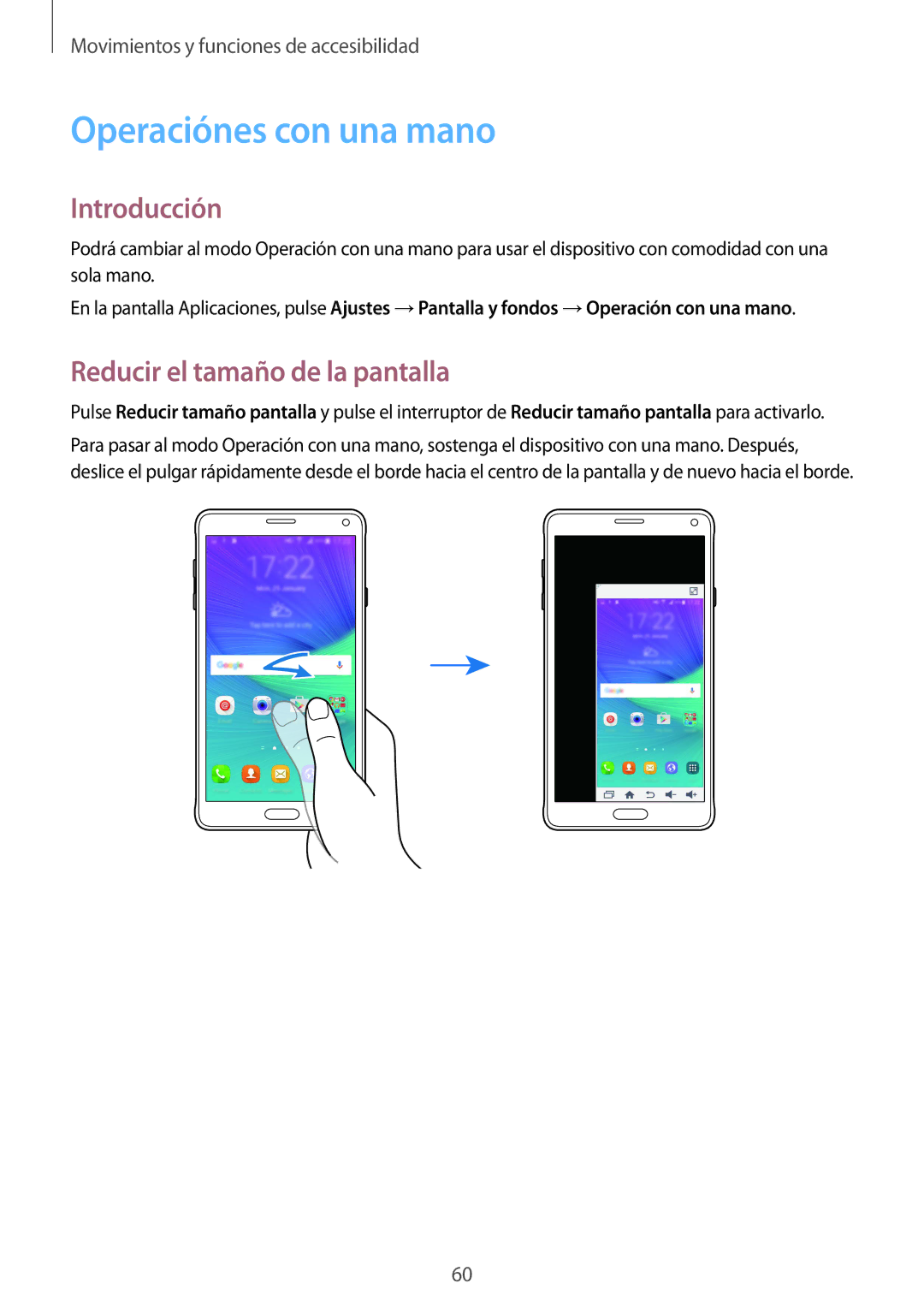 Samsung SM-N910FZIEPHE manual Operaciónes con una mano, Reducir el tamaño de la pantalla 