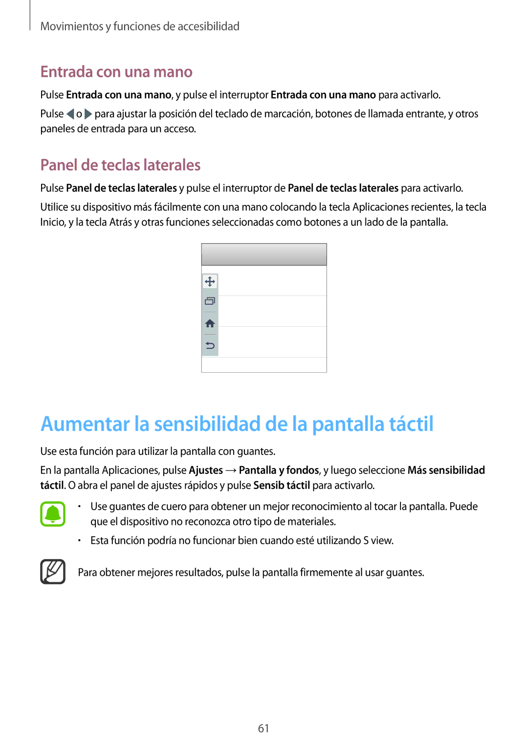 Samsung SM-N910FZIEPHE Aumentar la sensibilidad de la pantalla táctil, Entrada con una mano, Panel de teclas laterales 