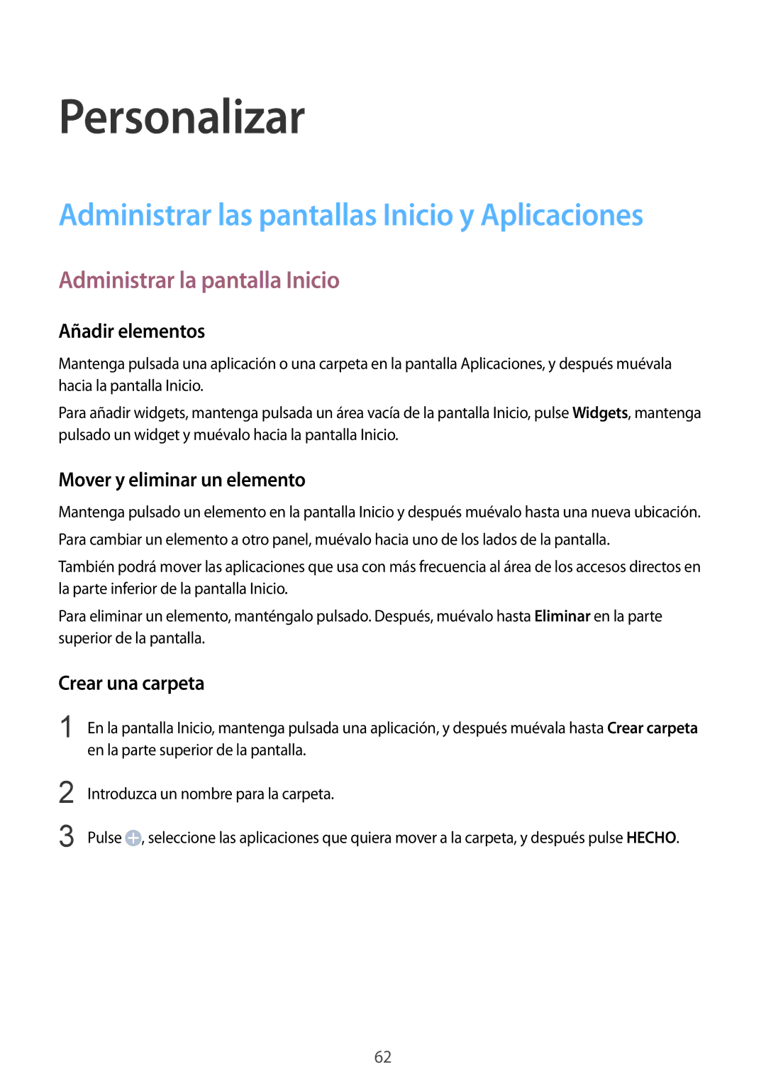 Samsung SM-N910FZIEPHE manual Personalizar, Administrar las pantallas Inicio y Aplicaciones, Administrar la pantalla Inicio 