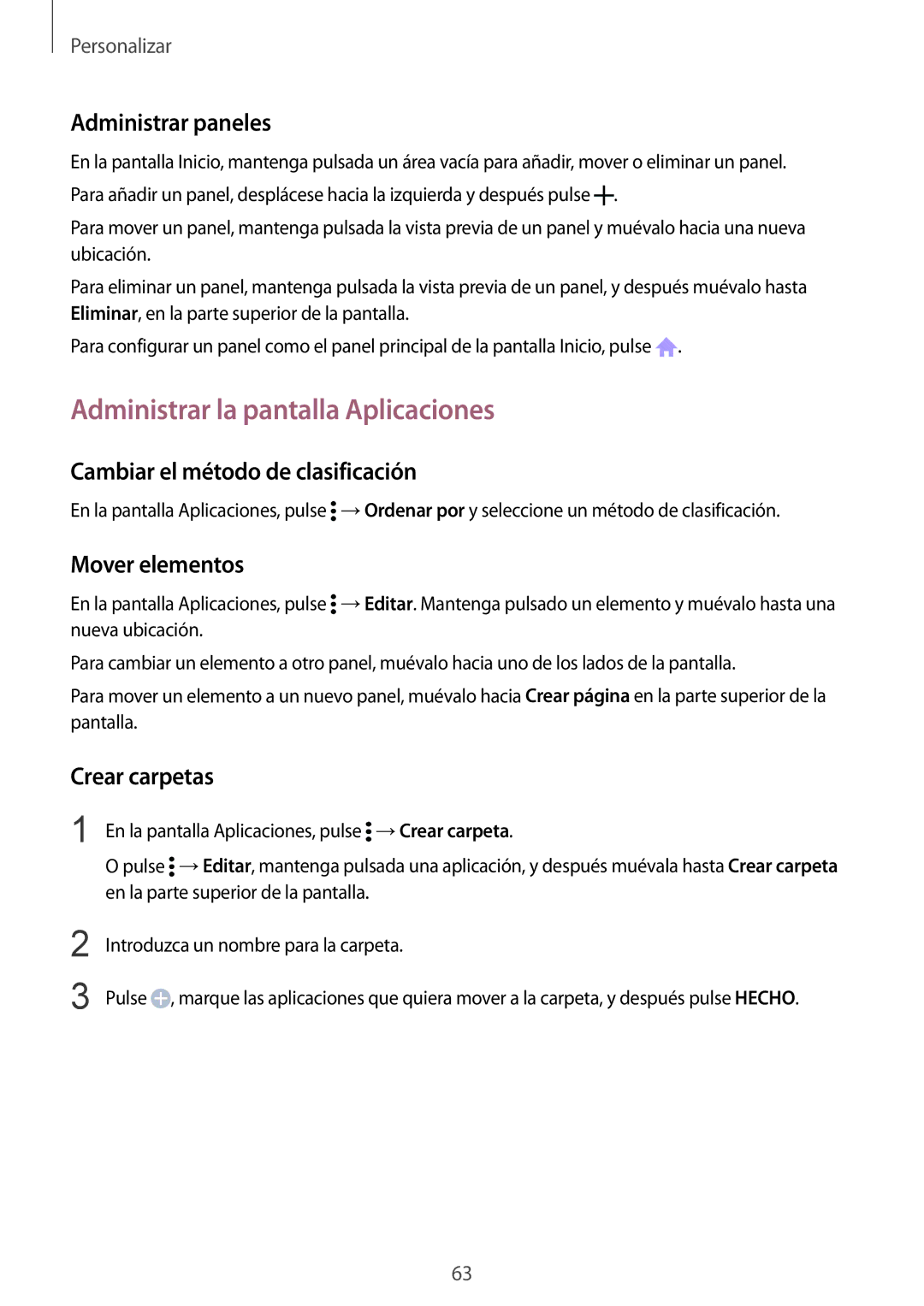 Samsung SM-N910FZIEPHE manual Administrar la pantalla Aplicaciones, Administrar paneles, Cambiar el método de clasificación 