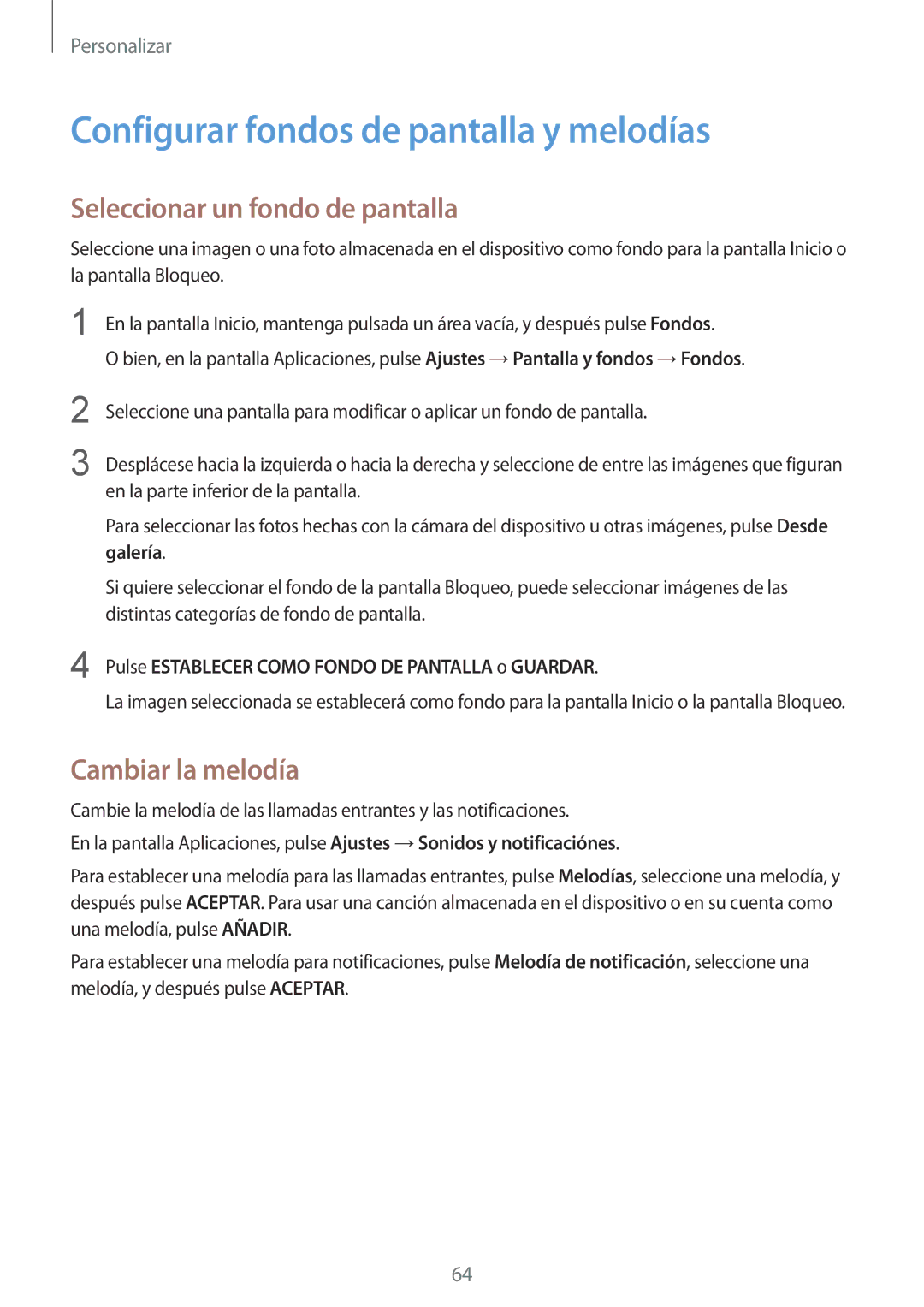 Samsung SM-N910FZIEPHE Configurar fondos de pantalla y melodías, Seleccionar un fondo de pantalla, Cambiar la melodía 