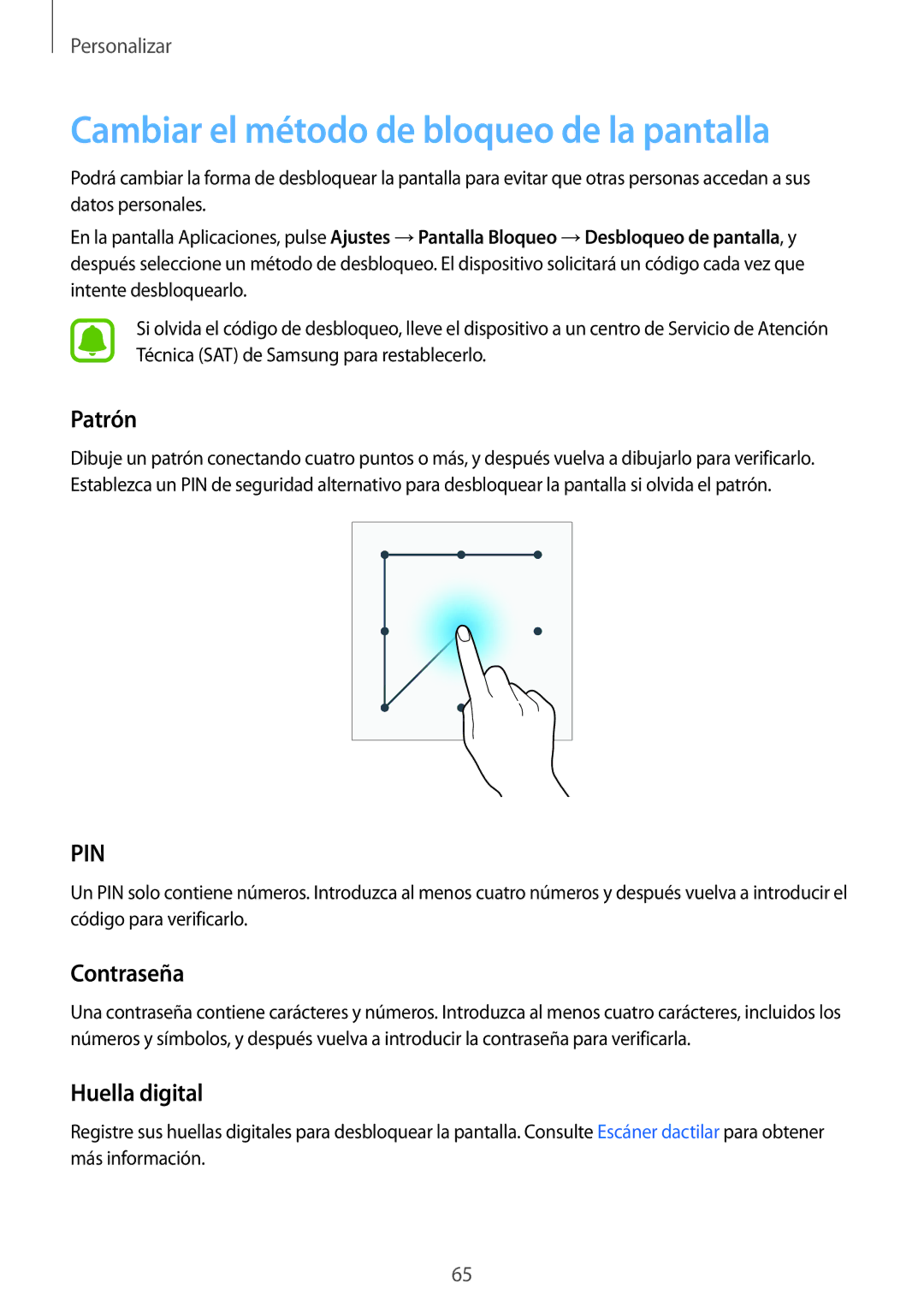 Samsung SM-N910FZIEPHE manual Cambiar el método de bloqueo de la pantalla, Patrón, Contraseña, Huella digital 